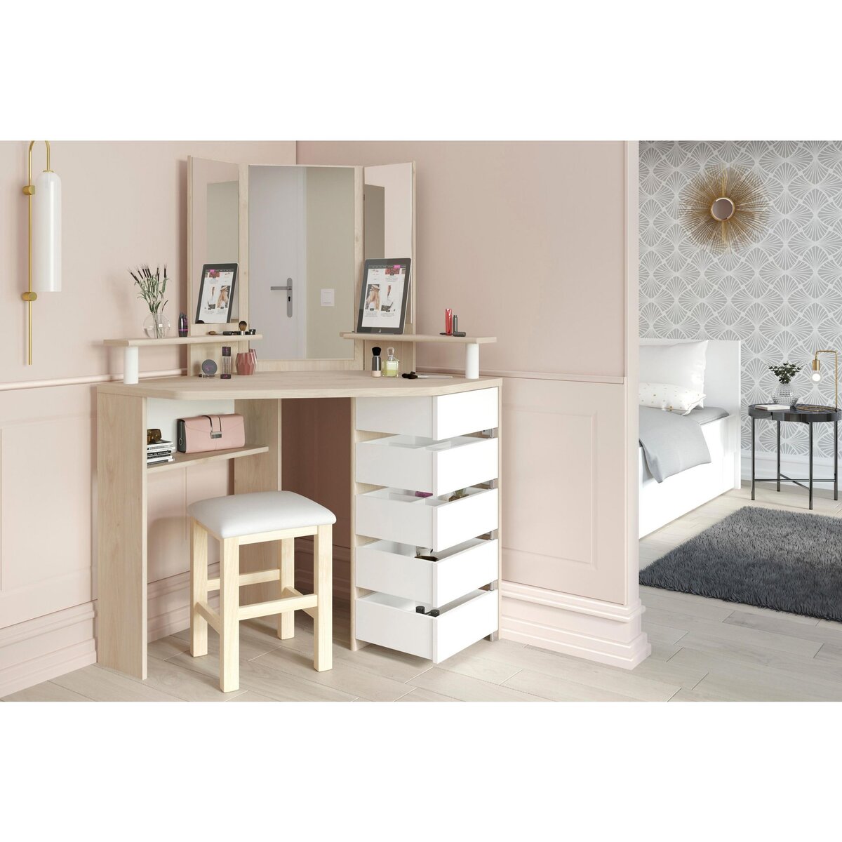 Coiffeuse d'angle avec LED 3 miroirs 5 tiroirs pivotants GIRLY