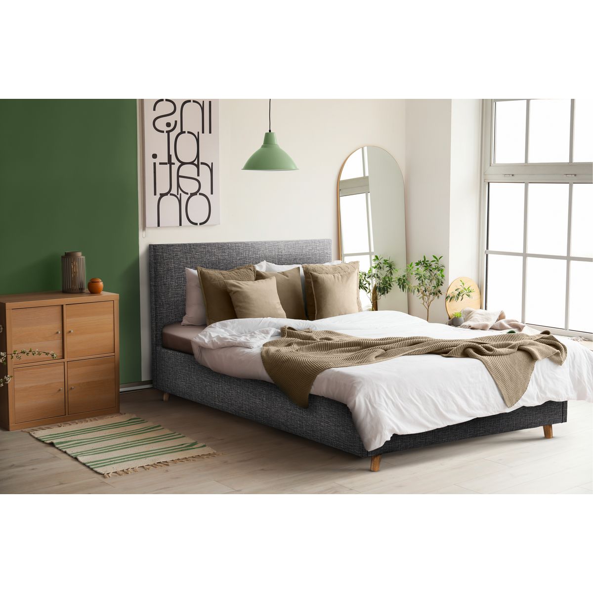 Lit coffre tissu scandinave avec sommier relevable 140x190 cm MILA