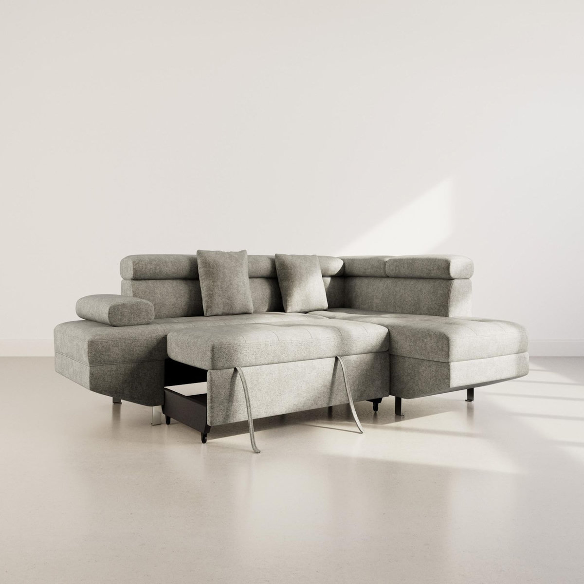 BEST MOBILIER Margaux - canapé d'angle droit 5 places convertible avec coffre et têtières réglables en velours texturé