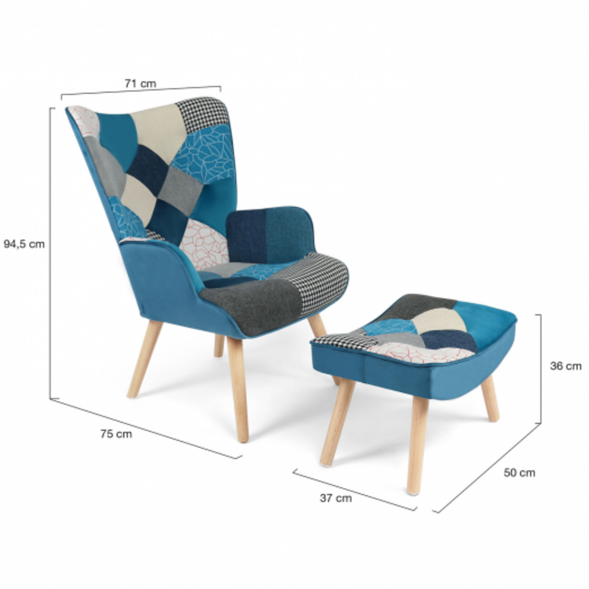 ID MARKET Fauteuil scandinave IVAR avec repose pieds en tissu patchwork et velours bleu