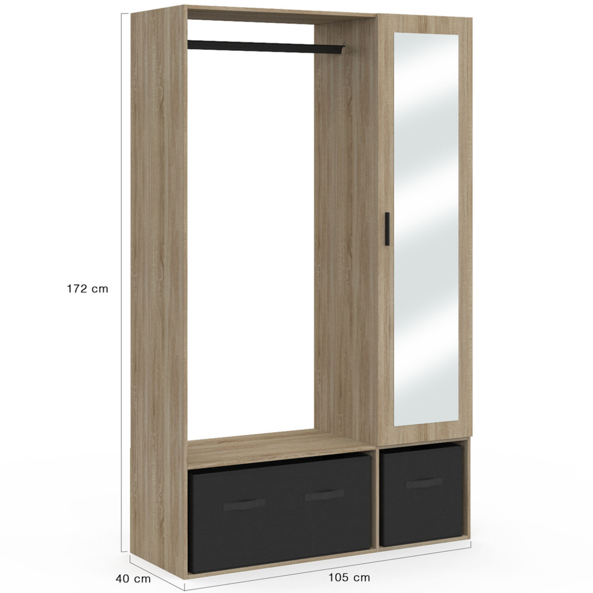 ID MARKET Dressing penderie BERENICE 105 x 40 x 172 cm hêtre avec étagères + boites de rangement noires + miroir