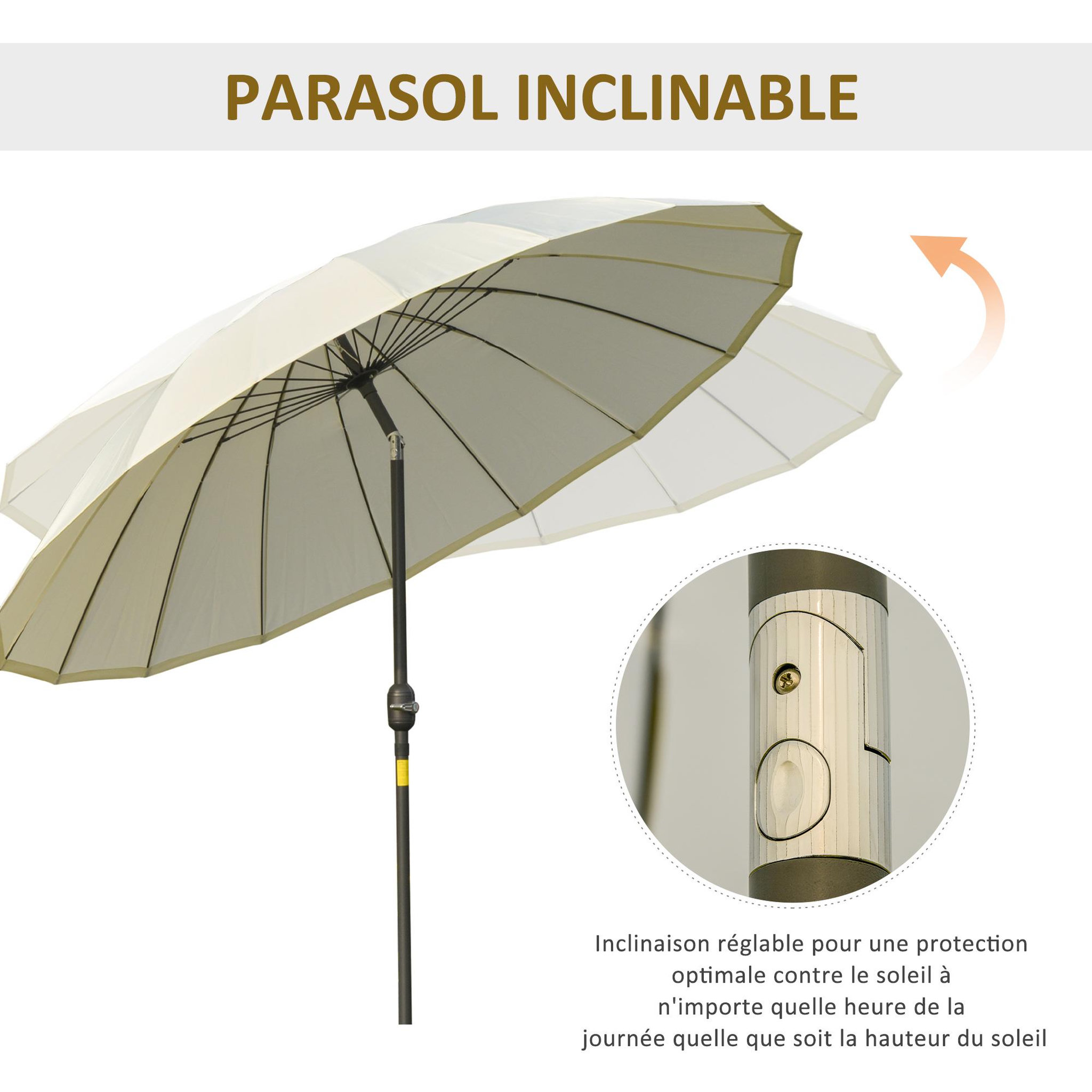 Voir la diapositive 4 : OUTSUNNY Parasol inclinable rond avec manivelle métal fibre de verre Ø 2,55 m polyester haute densité beige