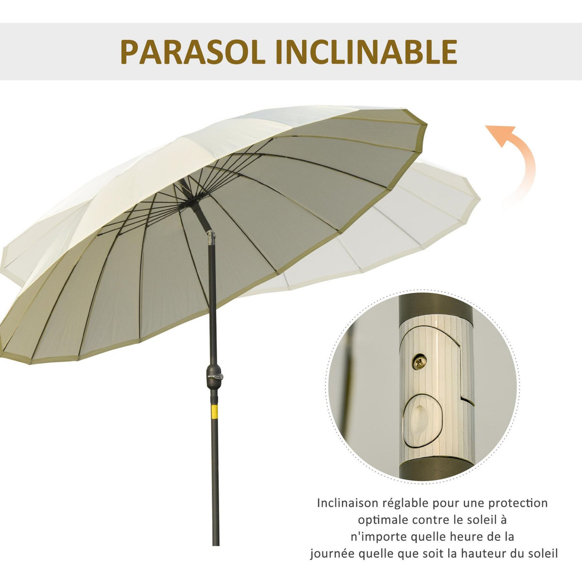 OUTSUNNY Parasol inclinable rond avec manivelle métal fibre de verre Ø 2,55 m polyester haute densité beige