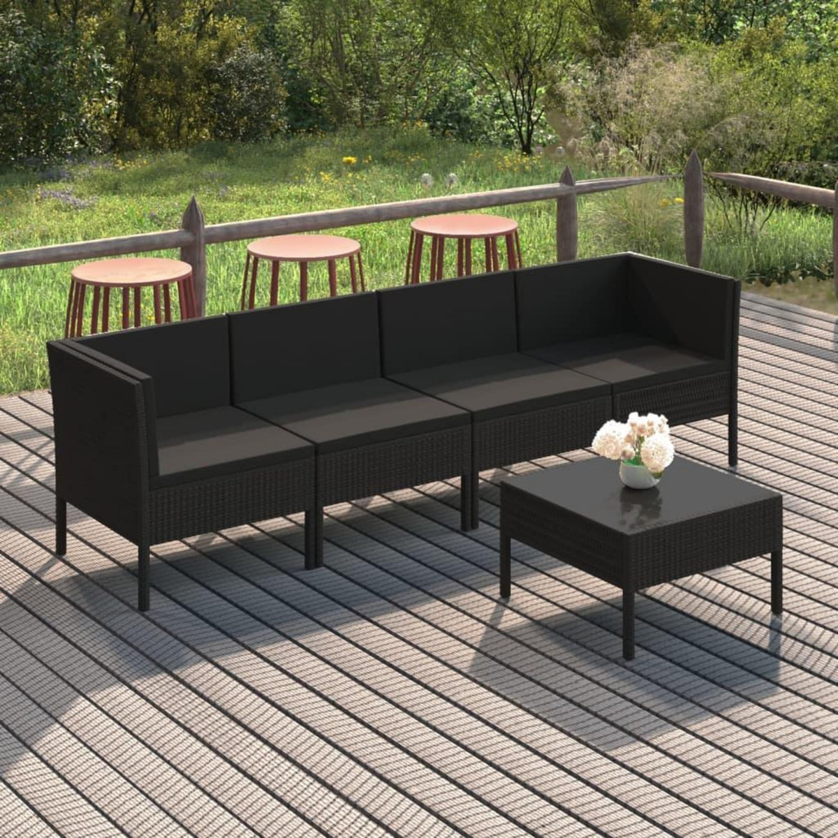 VIDAXL Salon de jardin 5 pcs avec coussins resine tressee noir