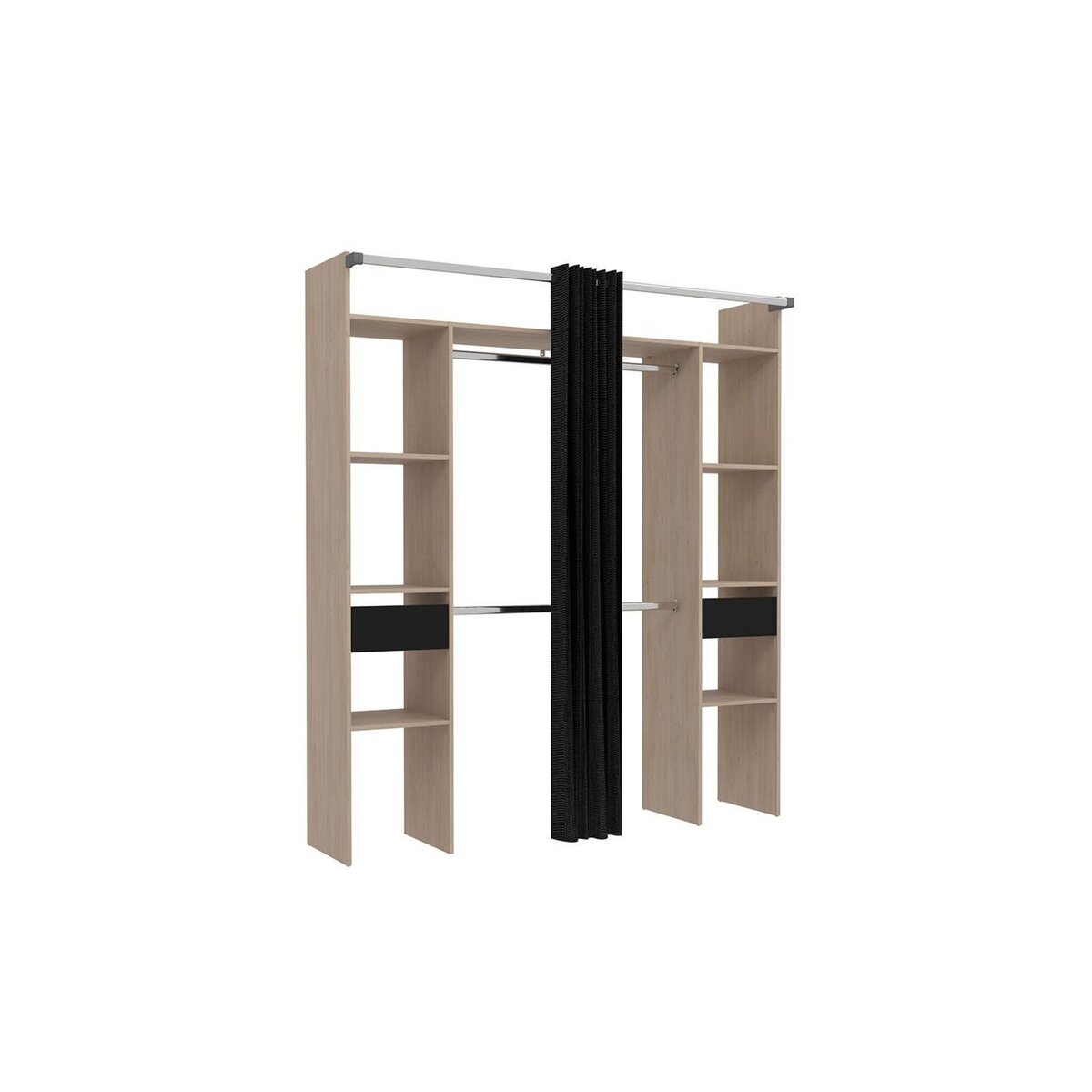 CONCEPT USINE Dressing bois avec rideau noir et 2 penderies, 6 étagères et 2 tiroirs ELYSEE