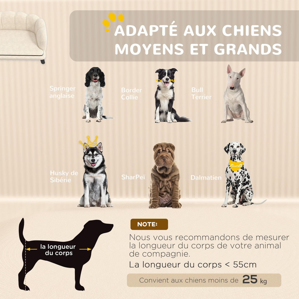 PAWHUT Canapé chien lit pour chien chat design contemporain coquillage dim. 98L x 60l x 35H cm coussin moelleux velours crème
