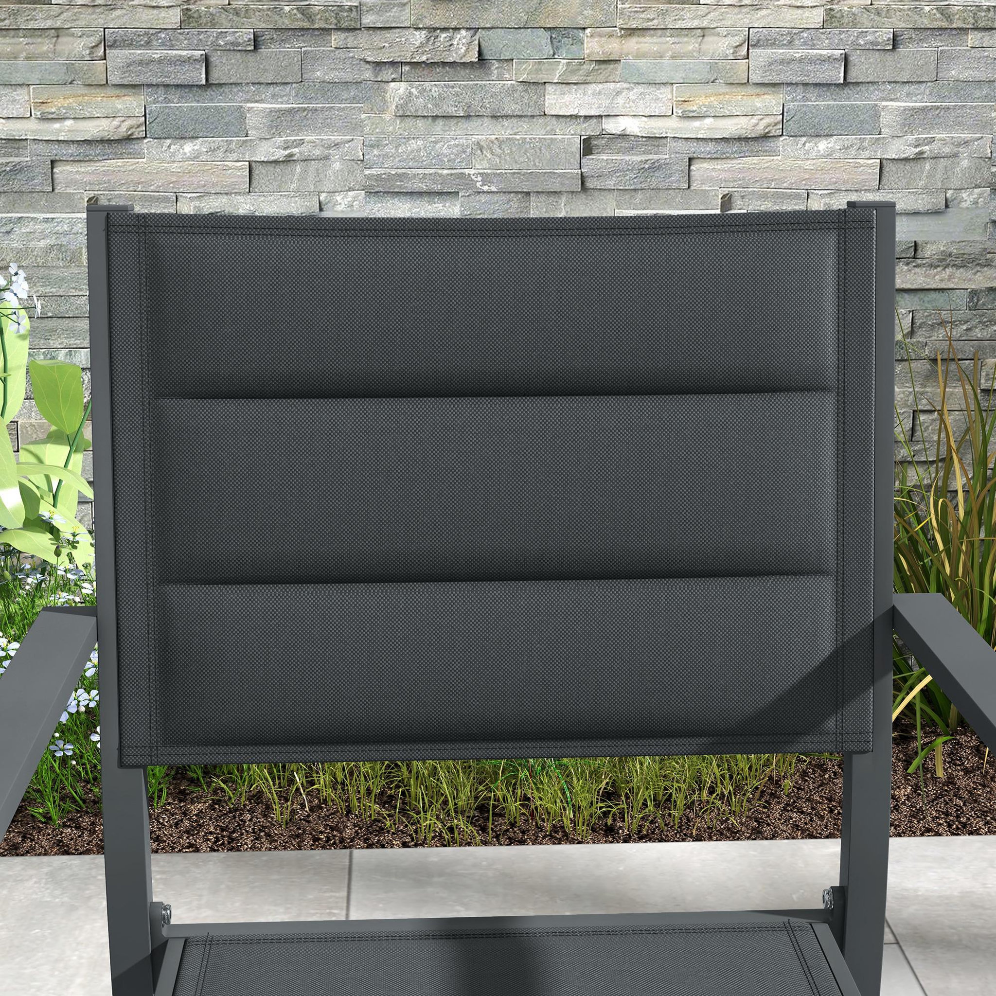 Voir la diapositive 4 : OUTSUNNY Lot de 4 chaises de jardin empilables avec accoudoirs alu textilène gris