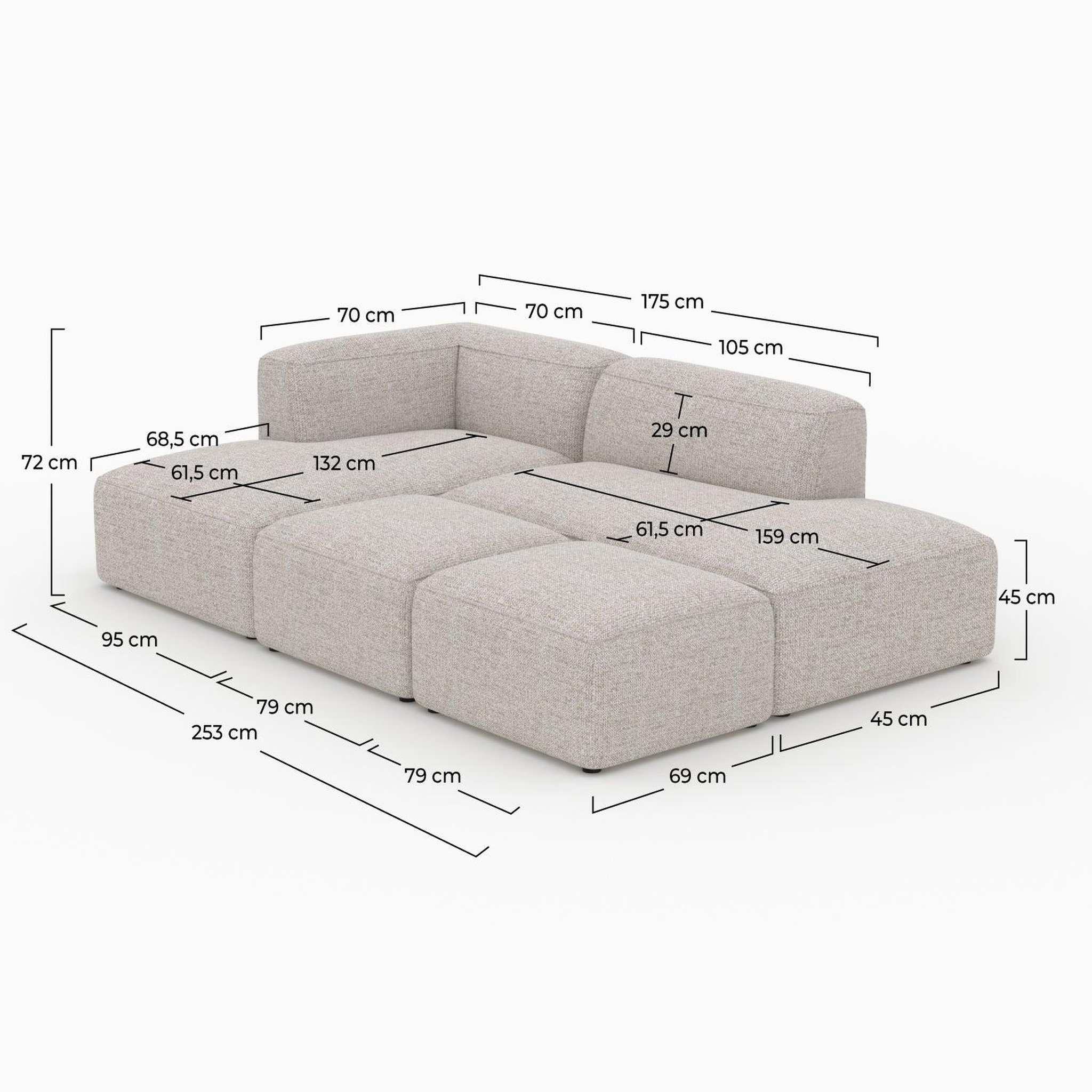 Voir la diapositive 4 : MAISON PAVANE Canapé d'angle gauche modulable, tissu beige 4 places, 2 poufs-hestia