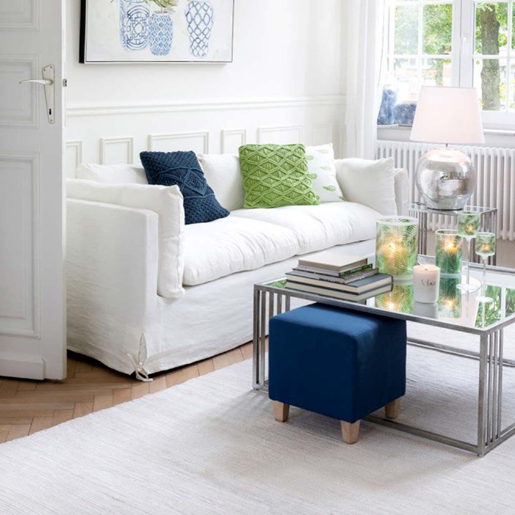 Voir la diapositive 4 : J-LINE Coussin carré déco  macramé  45x45cm bleu