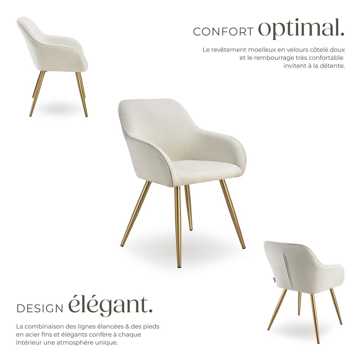 tectake Chaise de salle à manger rembourrée en velours côtelé crème/or Lot de 2