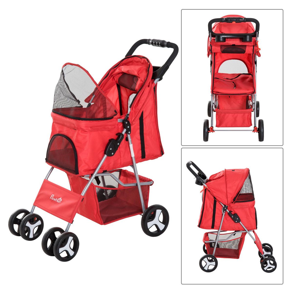 PAWHUT Poussette buggy pour chiens 75L x 46l x 94H cm pliable imperméable tissu 600D Oxford 4 roues rouge