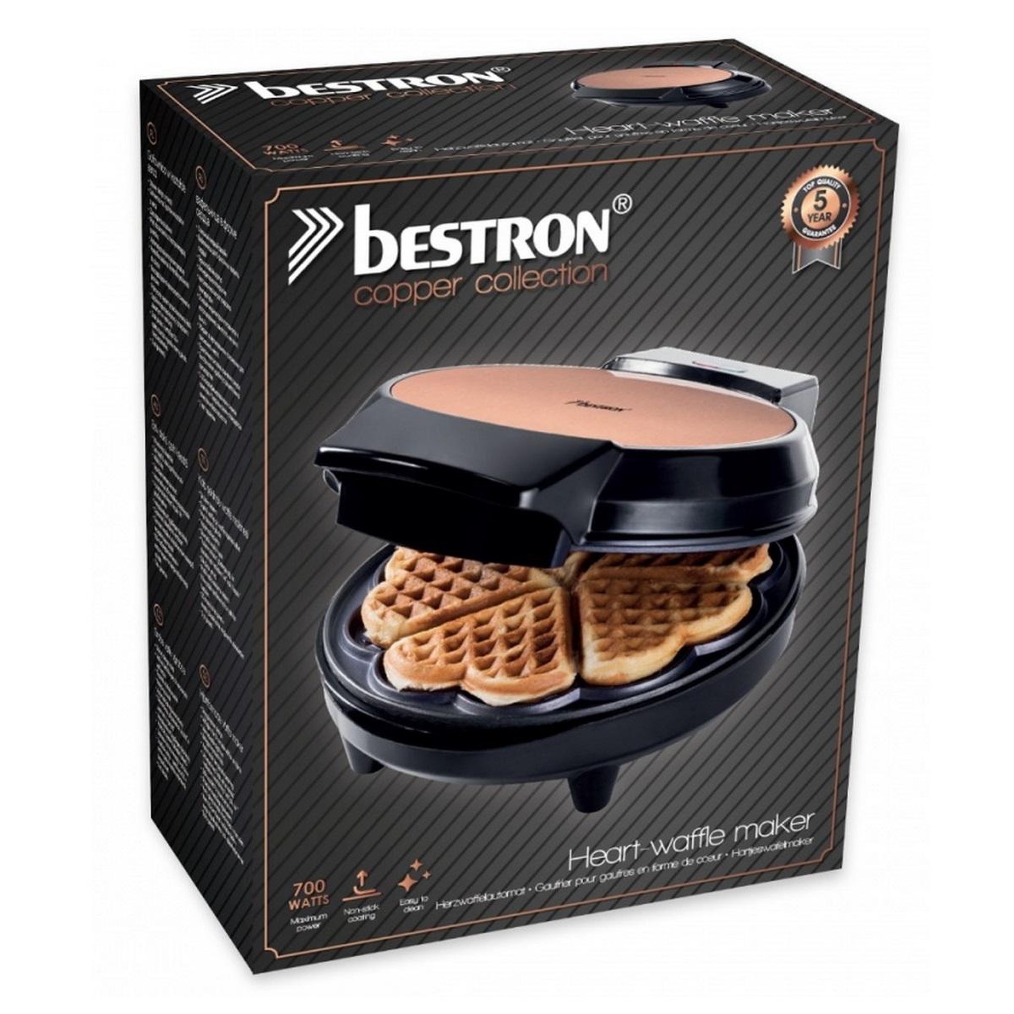 Voir la diapositive 5 : Bestron Gaufrier forme de 5 cœurs 700w noir - awm700co