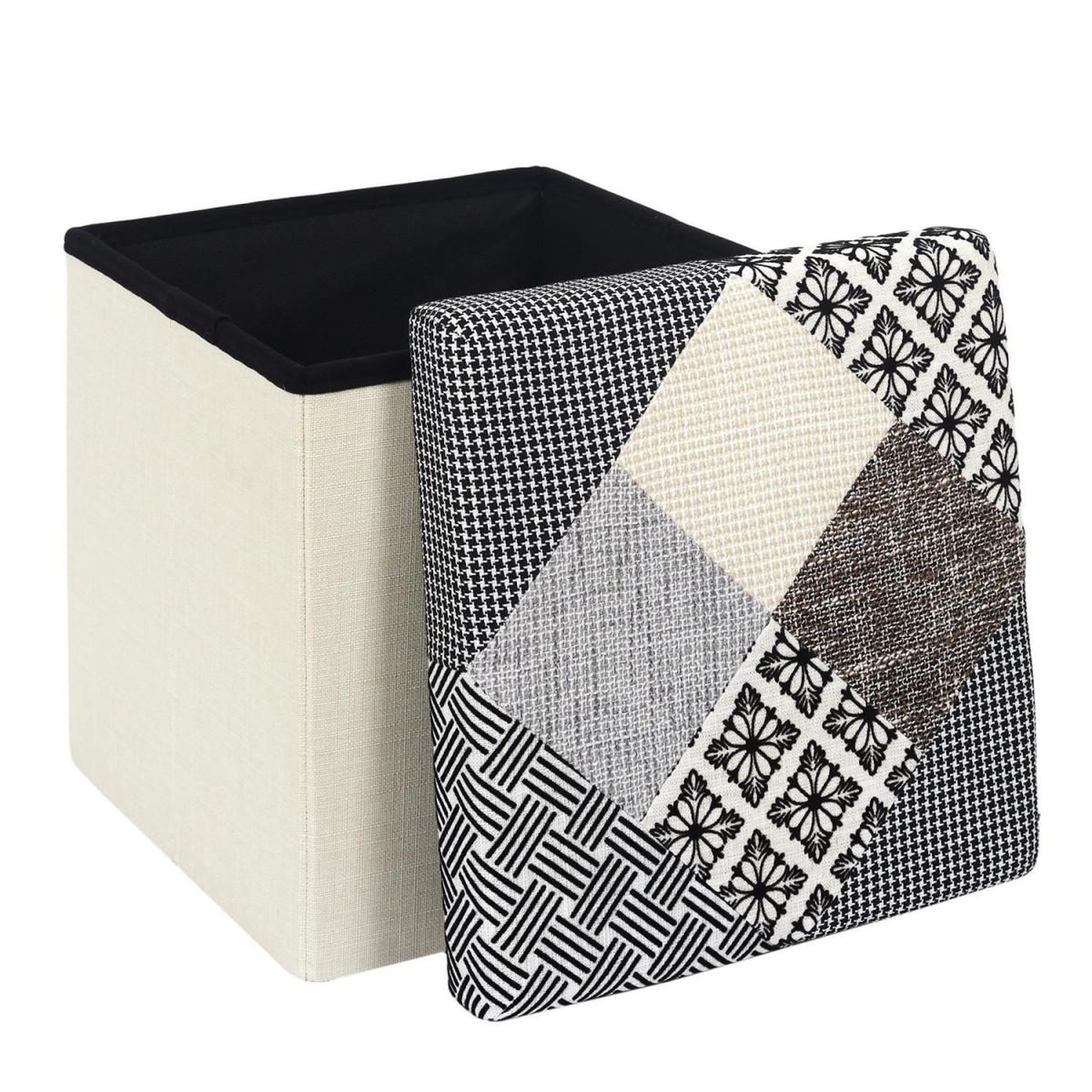 Voir la diapositive 3 : The Home Deco Factory Pouf coffre pliable  patchwork  38cm greige