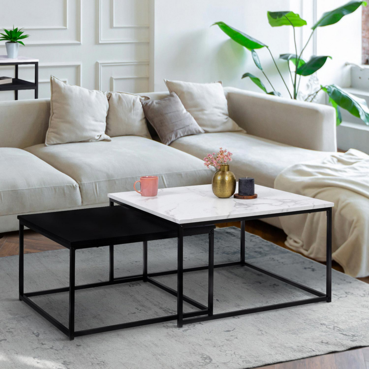 ID MARKET Lot de 2 tables basses gigognes ALASKA carrées 60/70 effet marbre et noir pieds métal