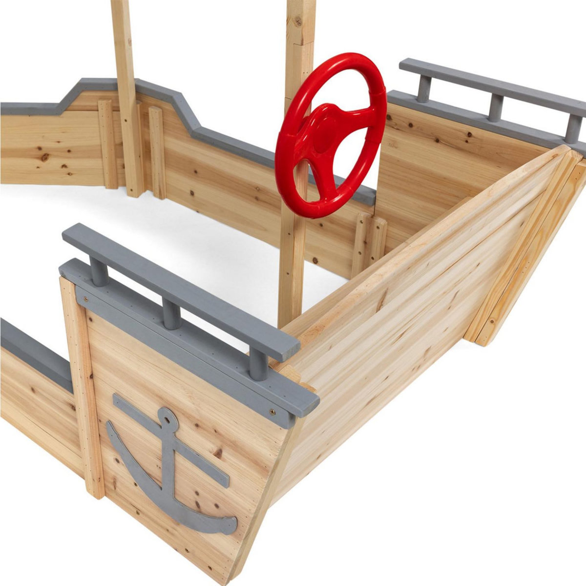 ID MARKET Bac à sable WORLD bois bateau de pirate avec banc coffre et toit gris