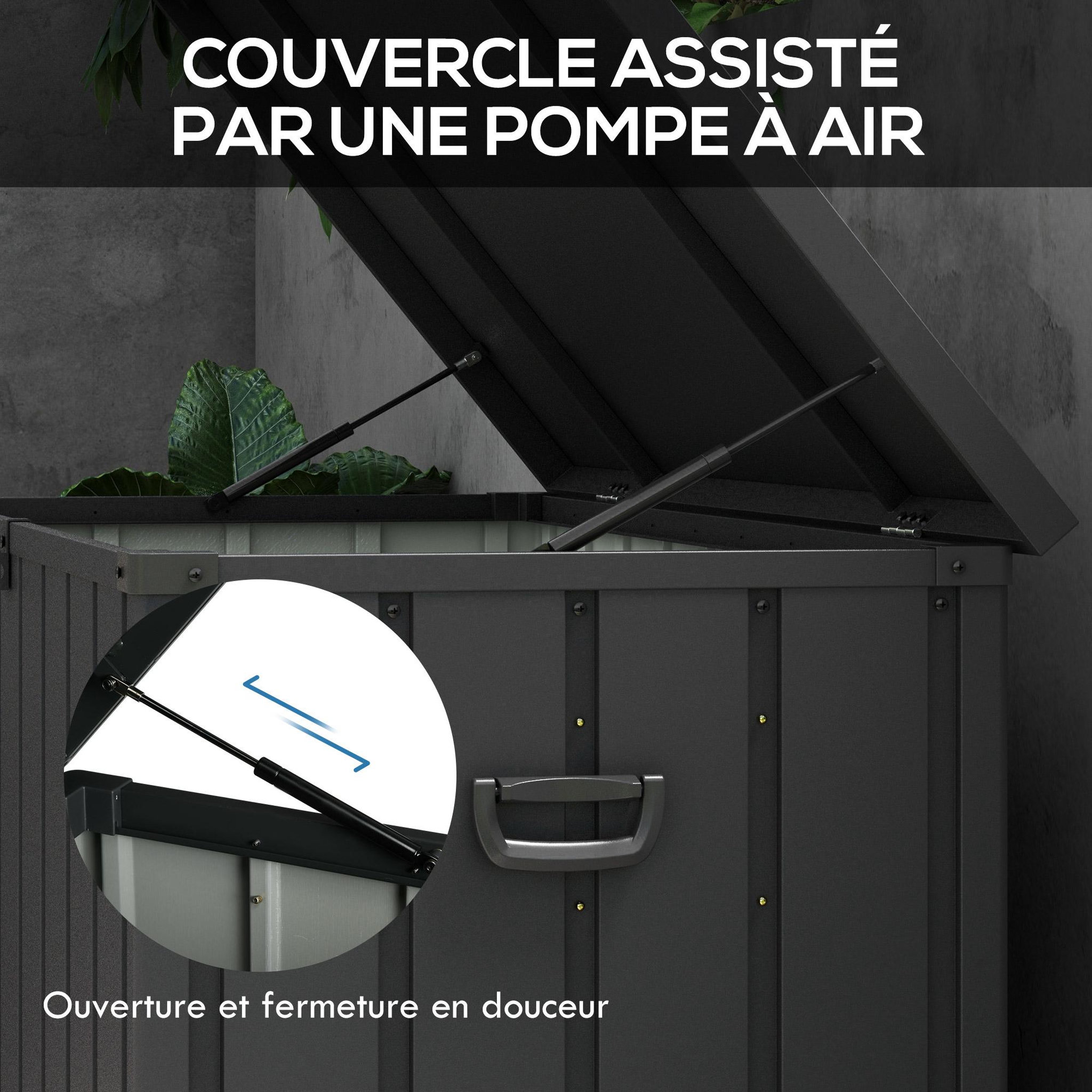 Voir la diapositive 6 : OUTSUNNY Coffre de rangement jardin capacité 450L - vérin à gaz, roulettes, poignée - acier PP anthracite