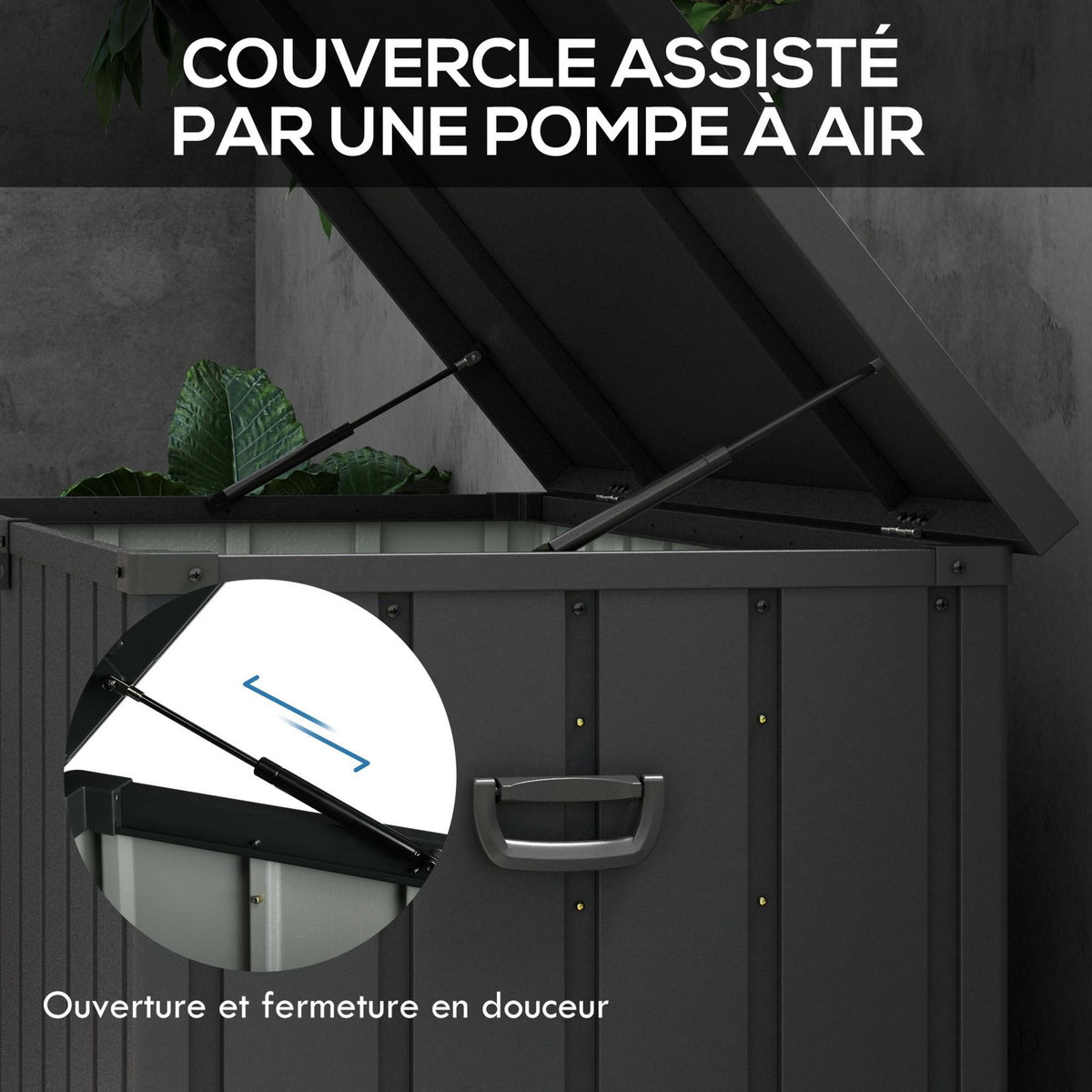 OUTSUNNY Coffre de rangement jardin capacité 450L - vérin à gaz, roulettes, poignée - acier PP anthracite