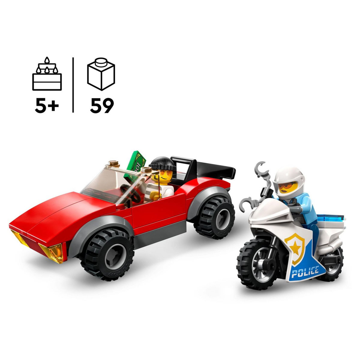 LEGO City 60392 La Course-Poursuite de la Moto de Police, Jouet Voiture de Course et 2 Minifigurines Policiers