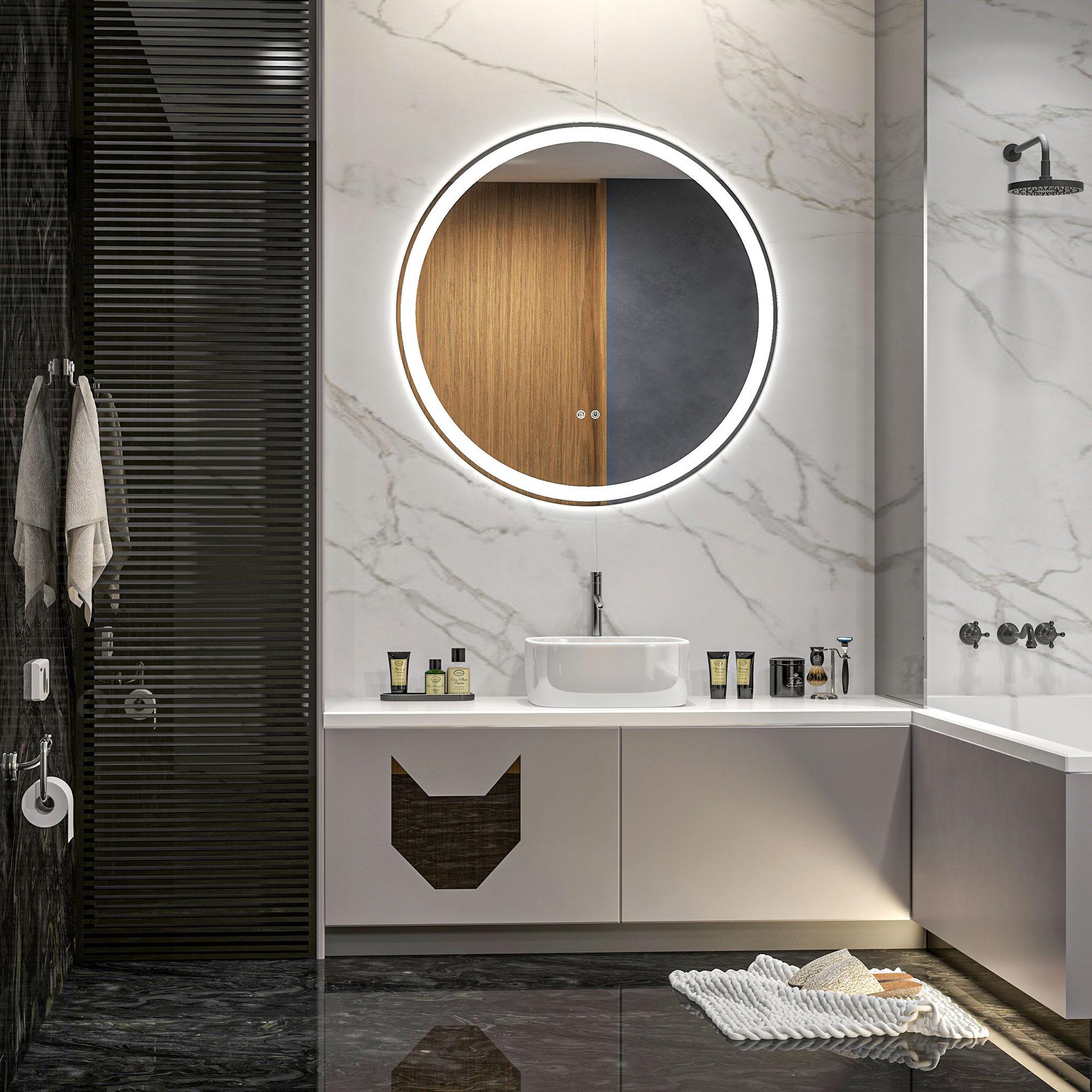 Voir la diapositive 2 : KLEANKIN Miroir rond lumineux led de salle de bain ø 80 cm mural avec éclairage 3 couleurs interrupteur tactile système antibuée 46w blanc argent