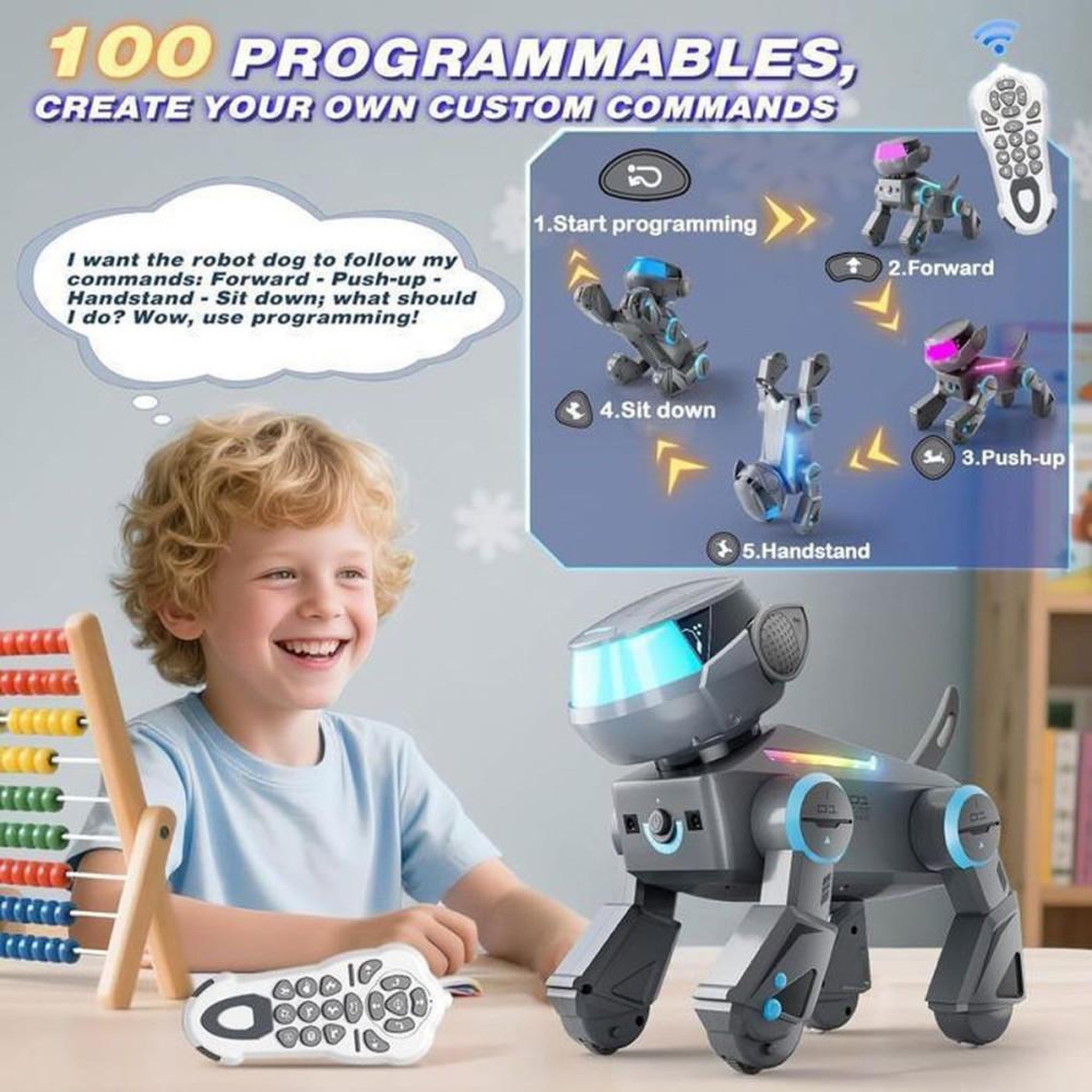 Voir la diapositive 6 : Chien robot télécommandé programmable Bluetooth gris, yeux LED multicolores, sons et musique, jusqu'à 100 actions