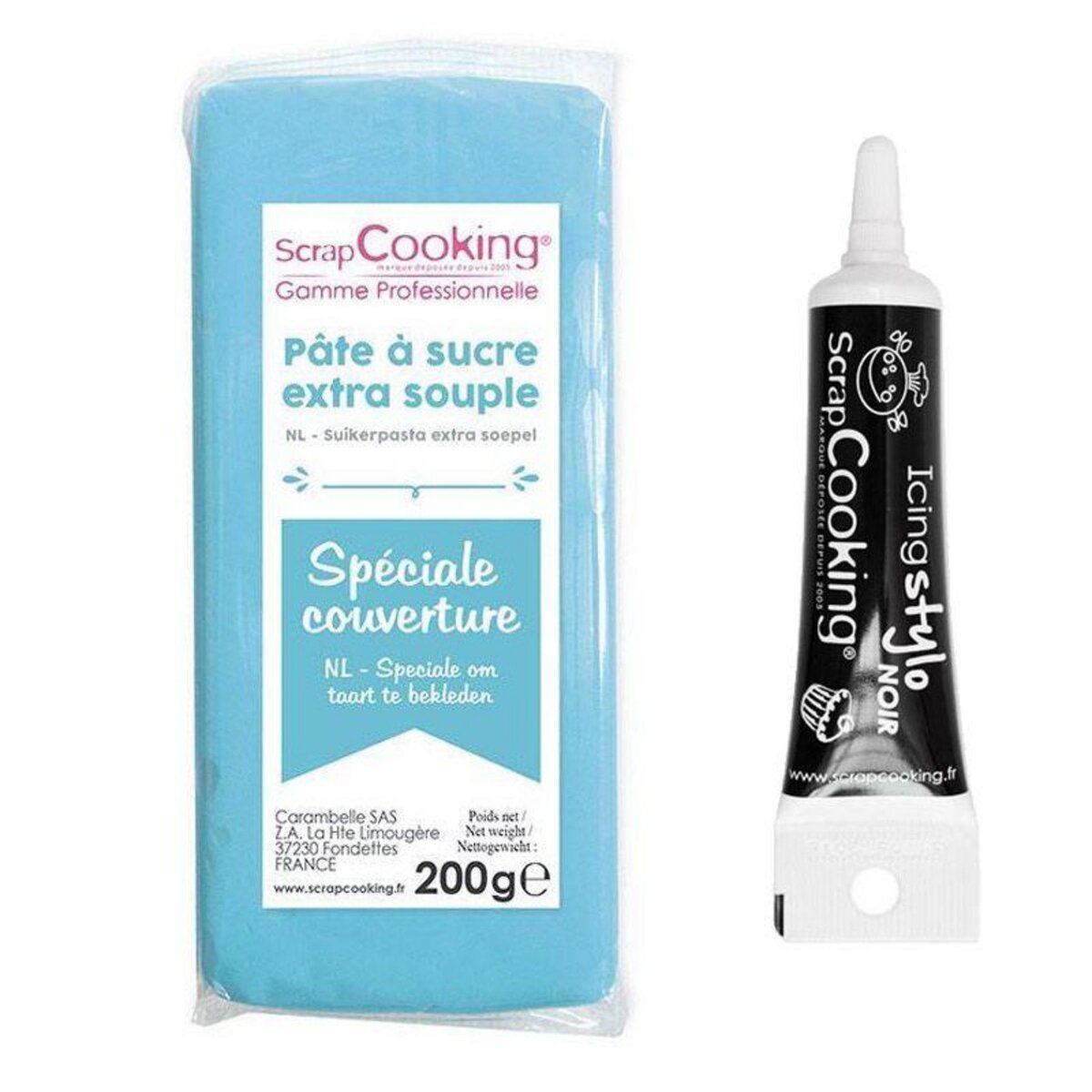 Pâte à sucre bleue 100 g + Stylo de glaçage noir Scrapcooking 