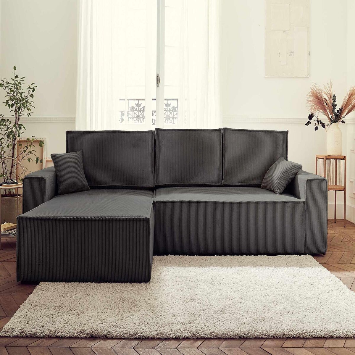 BEST MOBILIER Dellia - canapé d'angle réversible convertible - avec coffre - en velours côtelé - 4 places