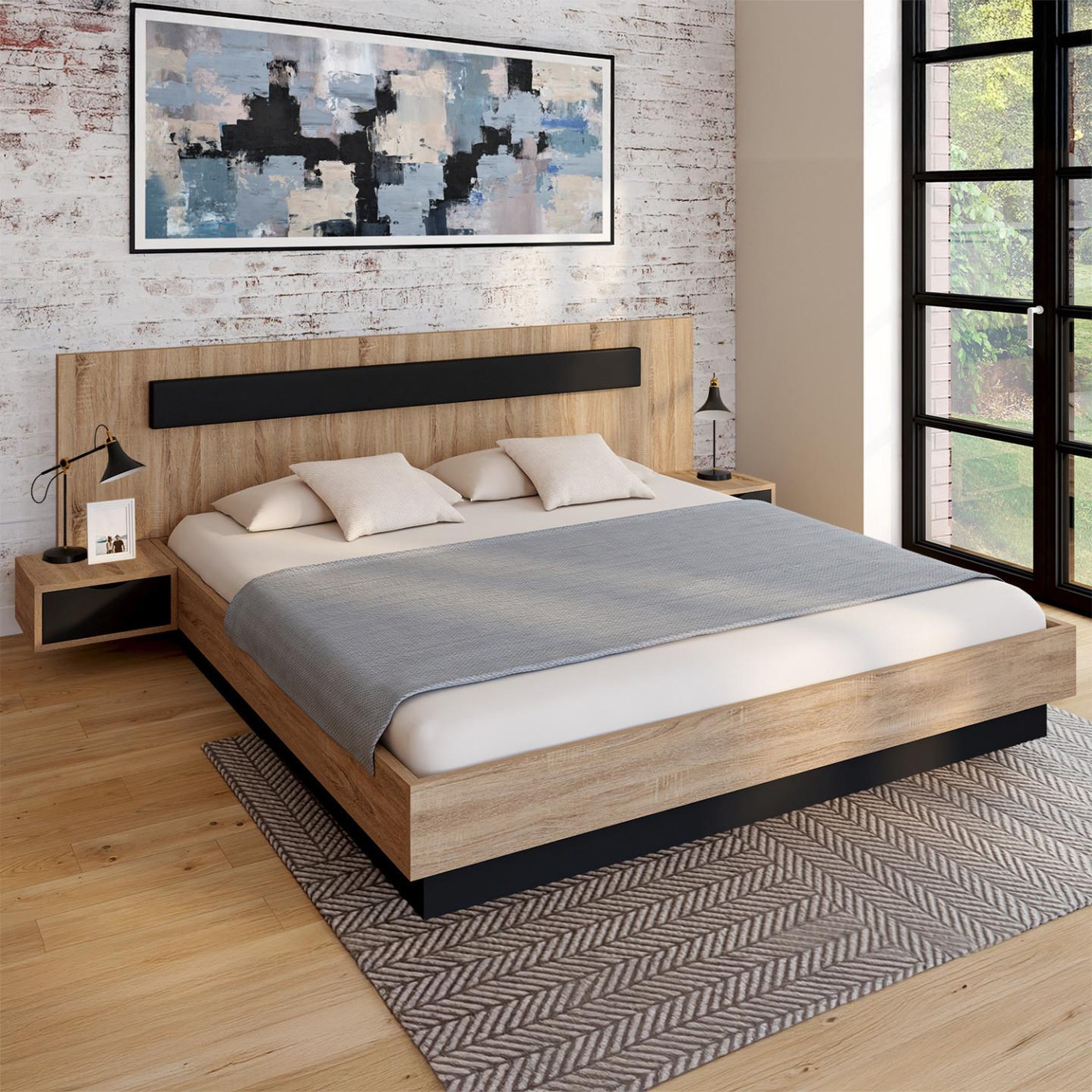 Voir la diapositive 2 : ID MARKET Lit double santa avec tête de lit + tables de chevet intégrées et sommier 180 x 200 cm bois et noir