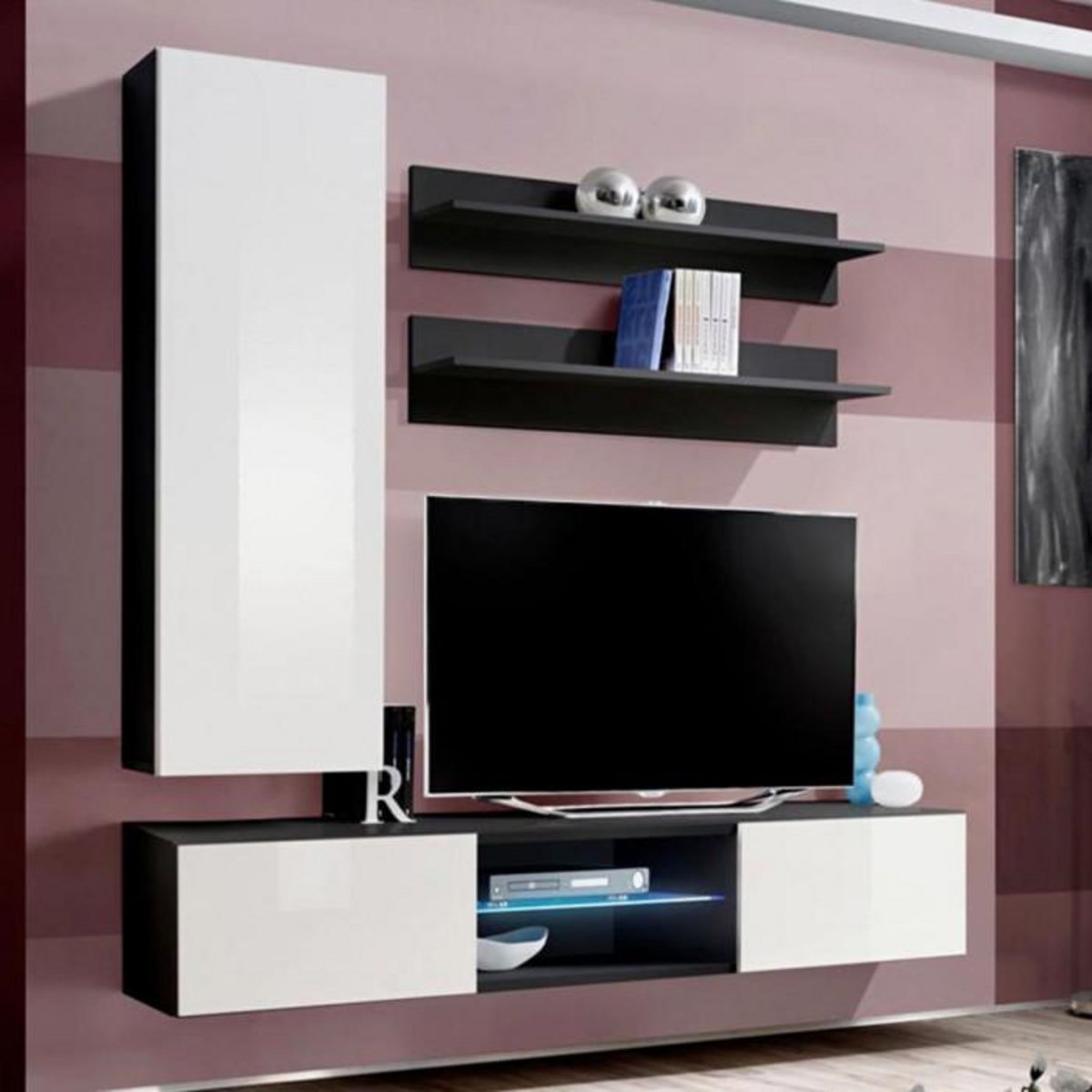 Paris Prix Meuble TV Mural Design  Fly XVIII  170cm Blanc & Noir