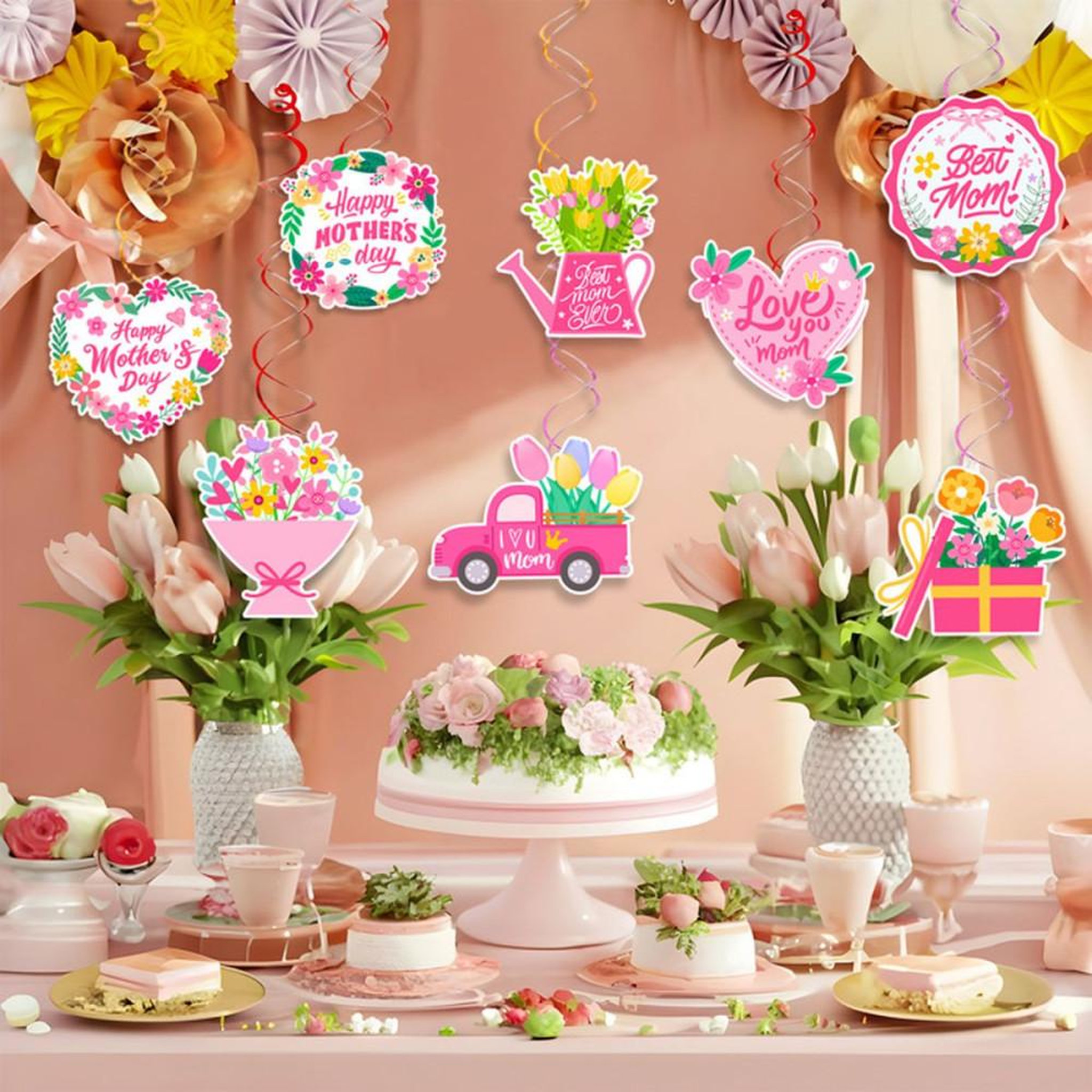 Voir la diapositive 3 : Décorations suspendues Fête des Mères : 1 bannière et 8 décorations spirales, multicolores, motifs fleurs et cœurs