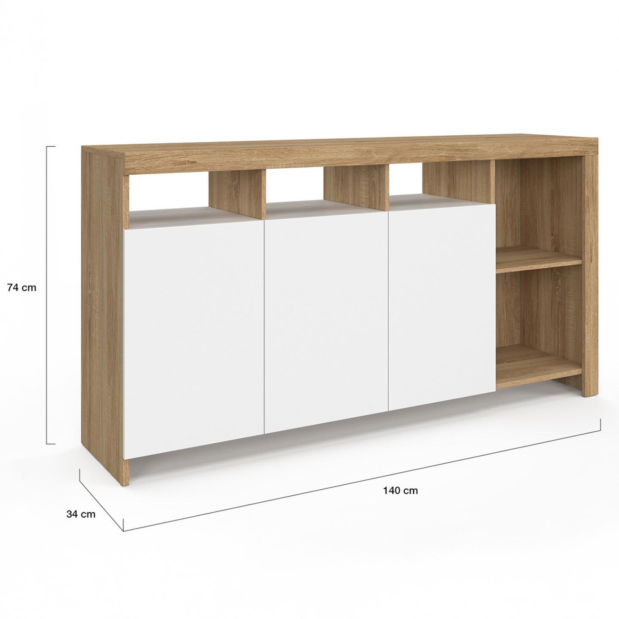 Voir la diapositive 5 : ID MARKET Buffet 140 cm MALO bois façon hêtre et portes blanches