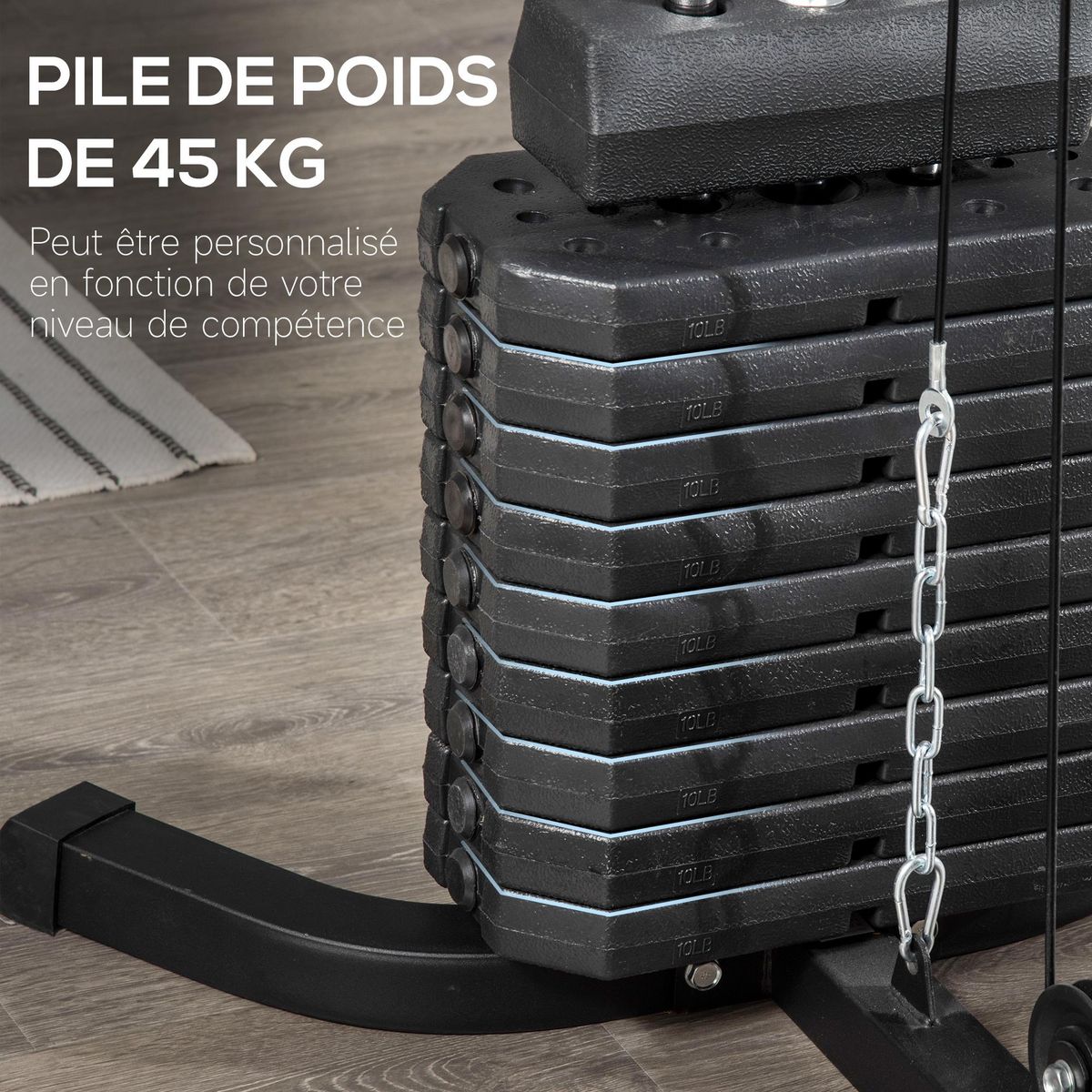 HOMCOM Station de musculation - entrainement complet - développé couché, butterfly, barre latissimus, curler, bande résistance - 9 contrepoids - acier noir