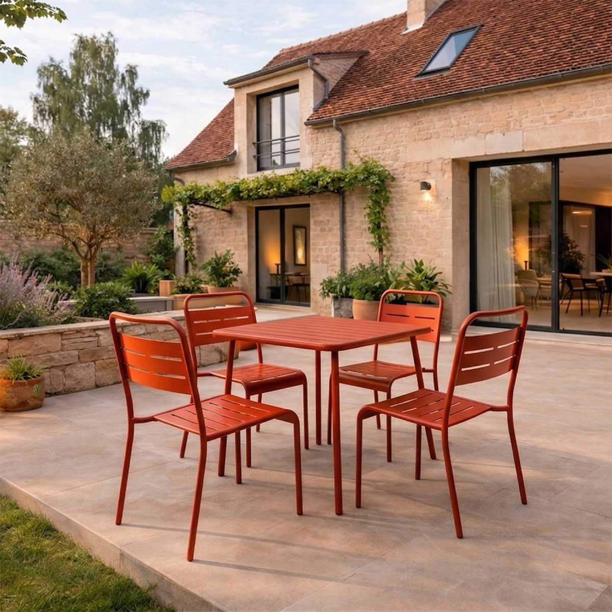 CONCEPT USINE Ensemble table de jardin carrée 70cm et 4 chaises terracotta BERGAME