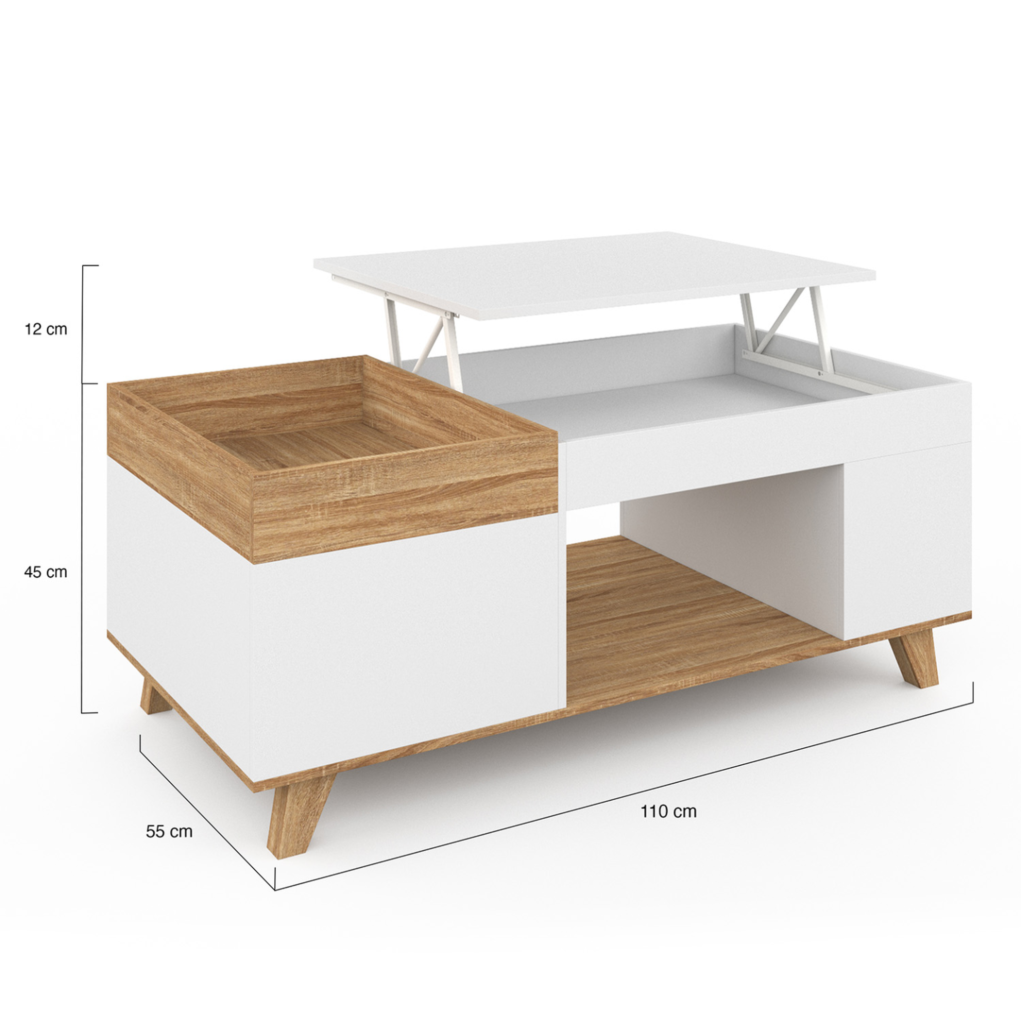 Voir la diapositive 5 : ID MARKET Table basse rectangulaire plateau relevable et plateau amovible avec coffre lola bois et blanc