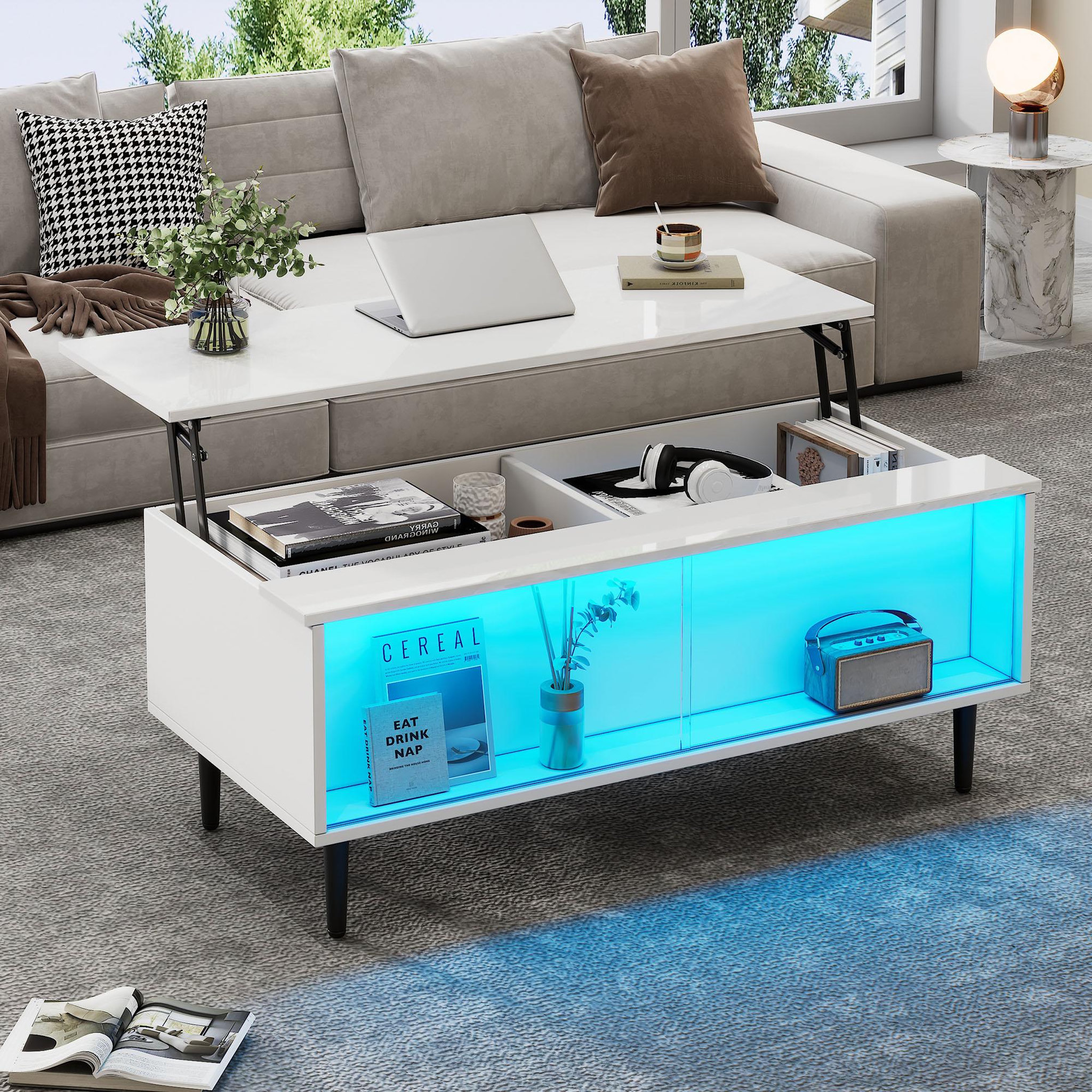 Voir la diapositive 5 : MERAX Table basse relevable rectangulaire blanc - 50x105 cm led panneau de particules