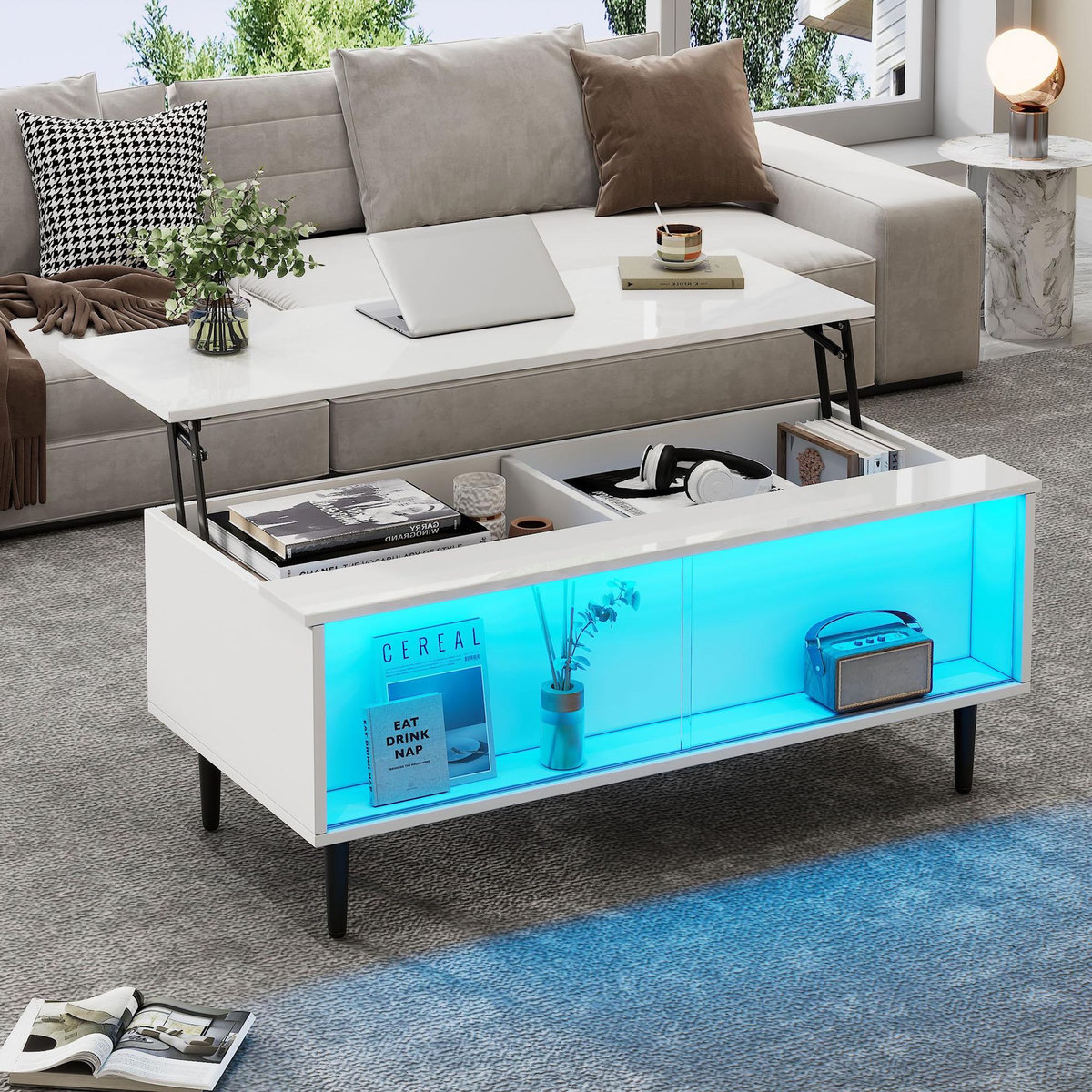 MERAX Table basse relevable rectangulaire blanc - 50x105 cm led panneau de particules