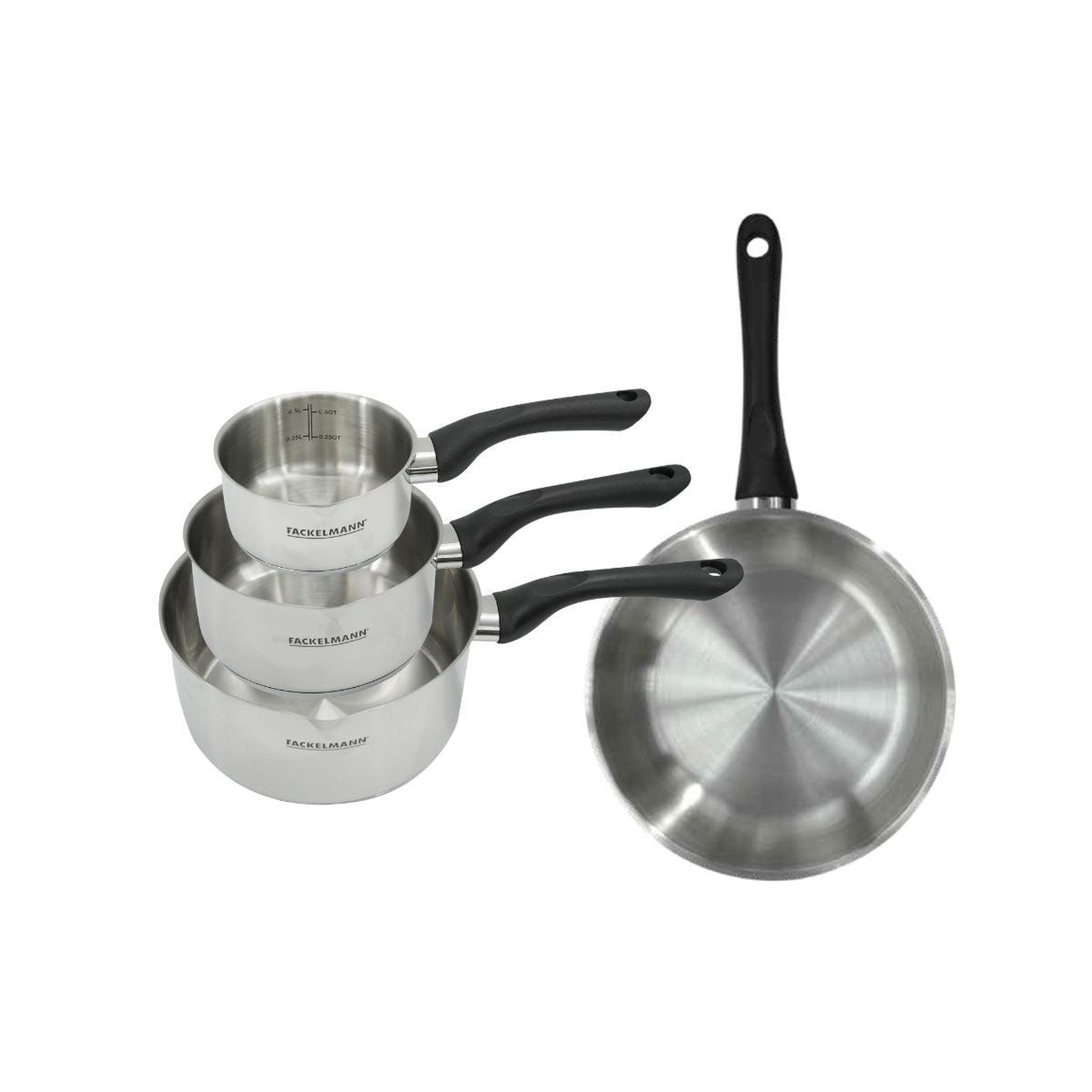 Fackelmann Set poêle 24 cm et 3 casseroles 12 16 et 20 cm en inox fackelmann geneva