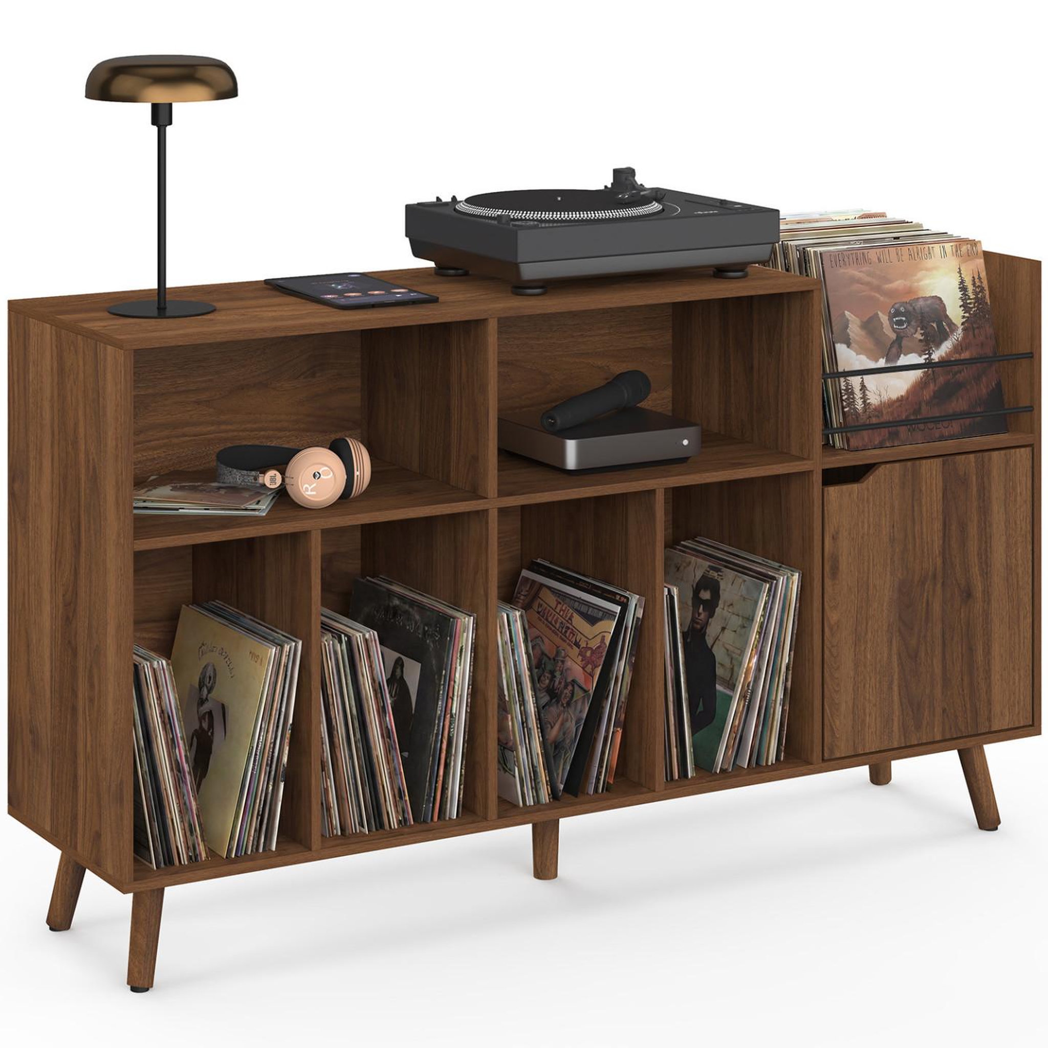 ID MARKET Meuble d'appoint, buffet de rangement avec étagères, supports vinyles, platine et placard 130 cm SIENNA vintage effet noyer