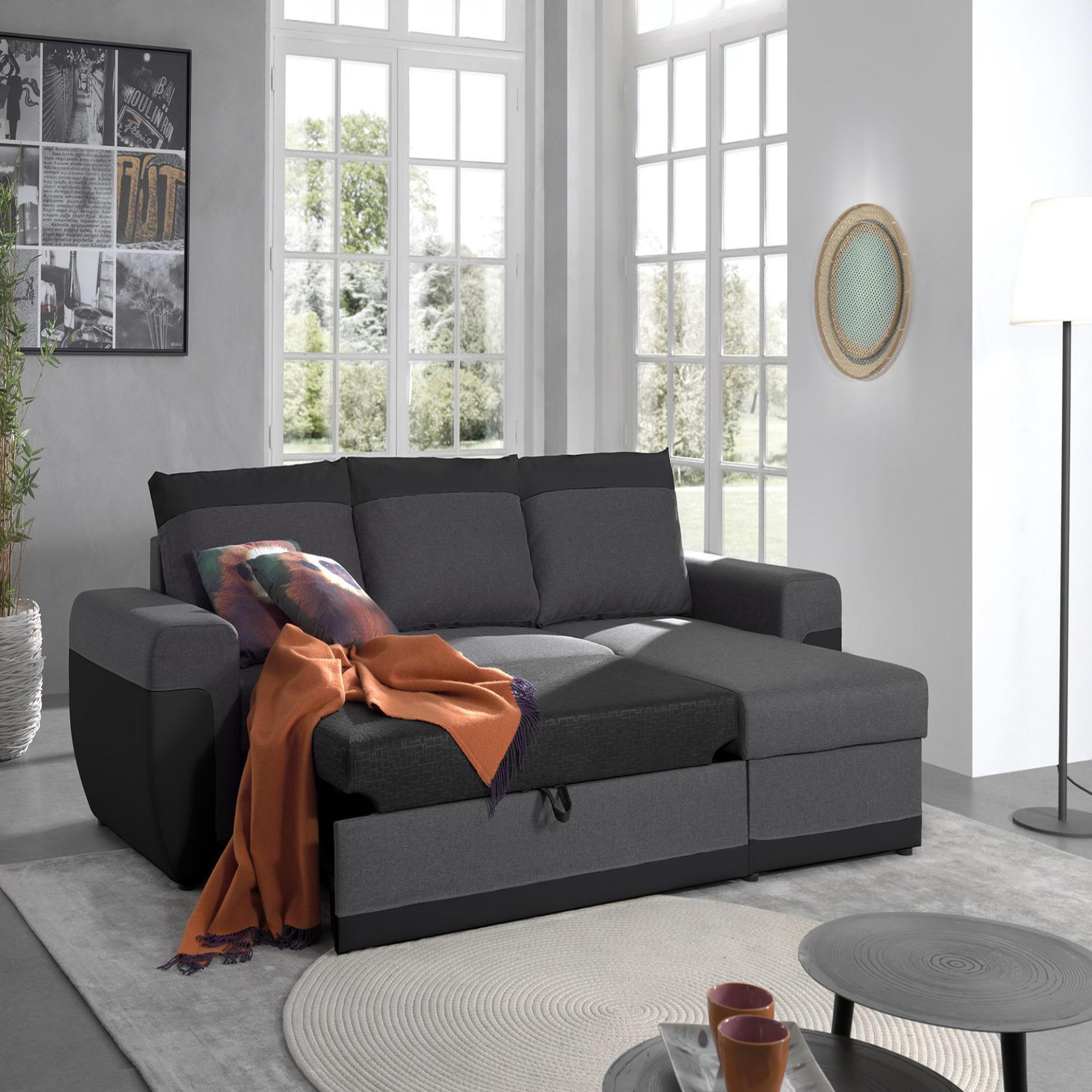 Voir la diapositive 4 : BEST MOBILIER Milan - canapé d'angle réversible - 4 places - convertible avec coffre - en simili et tissu