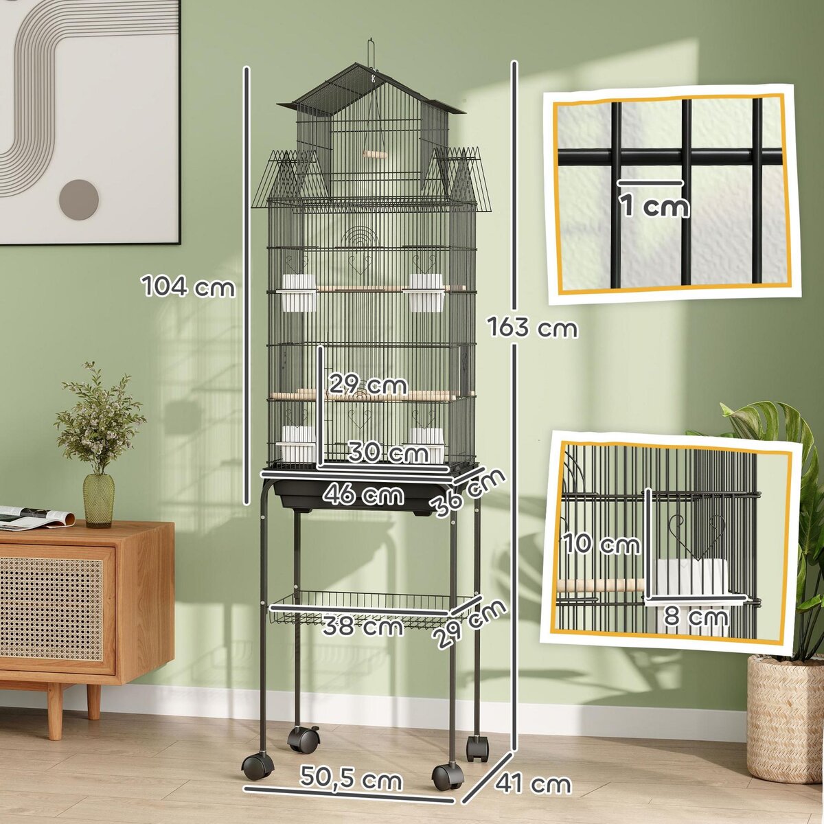 PAWHUT Cage à oiseaux design maison sur roulettes mangeoires perchoirs balançoire grande porte 8 trappes plateau déjection