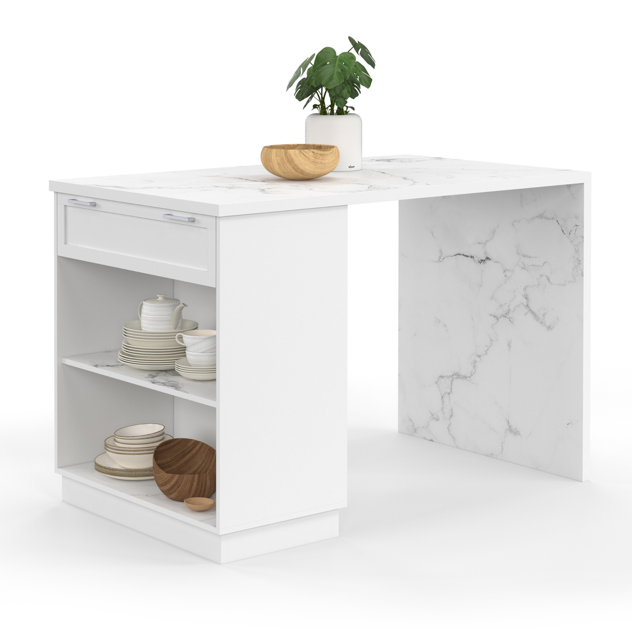 ID MARKET Ilot central mange-debout 4 personnes vito 130 cm blanc et plateau marbre alaska