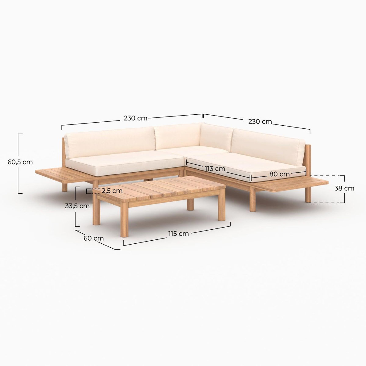 Rendez vous déco Salon de jardin 4 personnes en teck massif et tissu blanc-Nadila