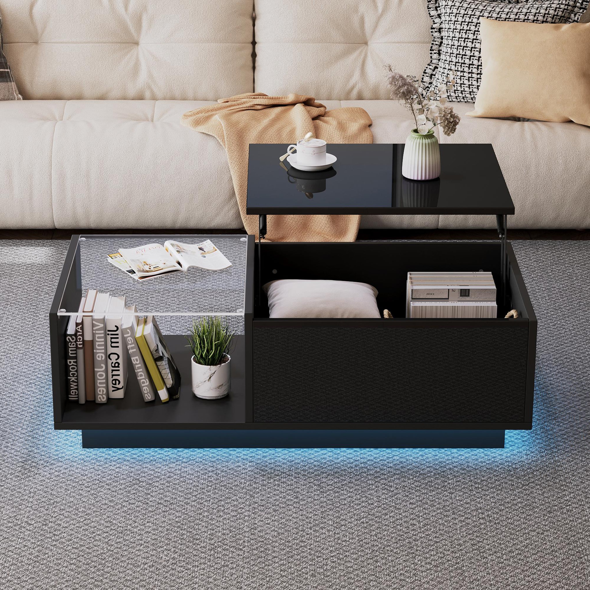 Voir la diapositive 2 : MERAX Table Basse Avec 1 Plateau Réglable Et LED 100 X 50 X 46.5cm