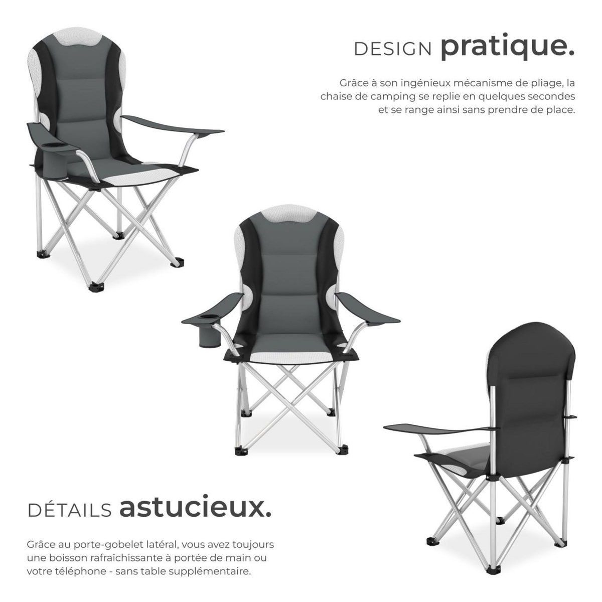 tectake Chaise de camping Pliable, avec Rembourrage gris