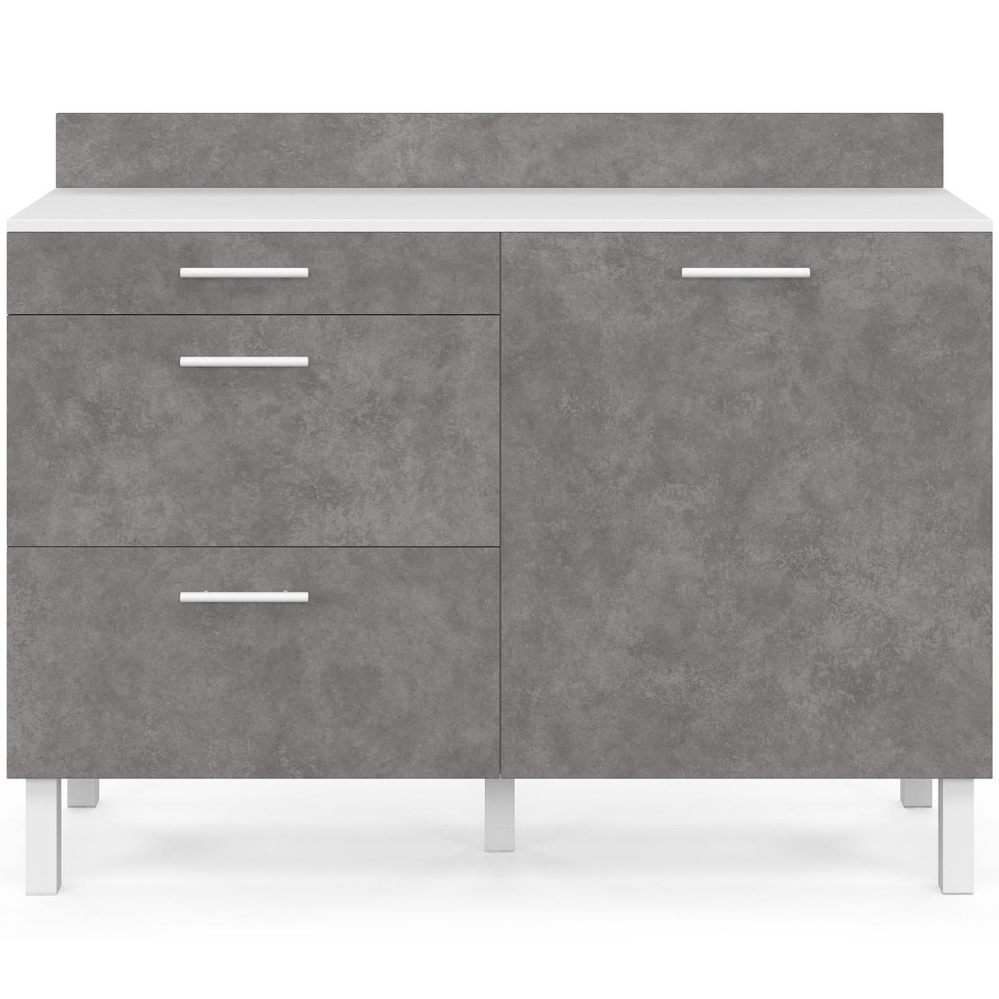 Voir la diapositive 3 : ID MARKET Buffet bas casserolier de cuisine 120 cm cina plan de travail h.83 cm 1 porte + 3 tiroirs blanc et effet béton