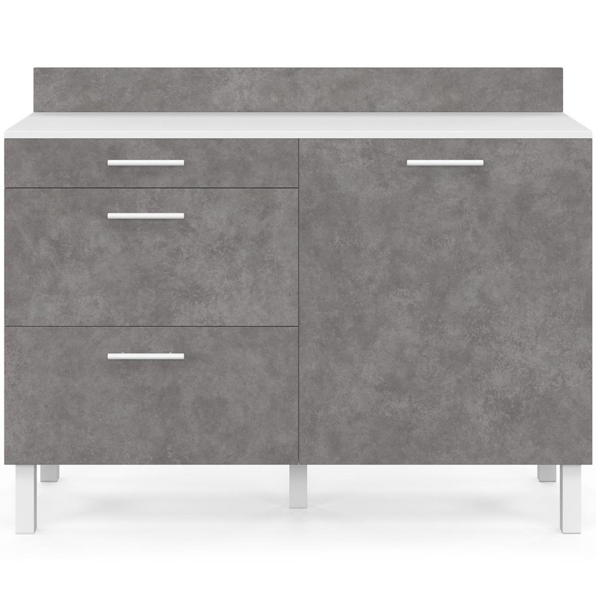 ID MARKET Buffet bas casserolier de cuisine 120 cm CINA plan de travail H.83 cm 1 porte + 3 tiroirs blanc et effet béton