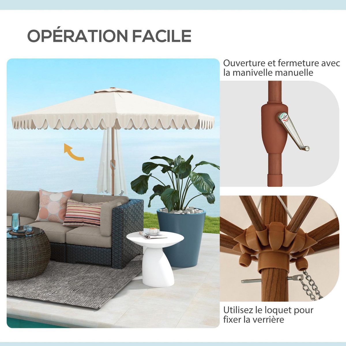 OUTSUNNY Parasol octogonal inclinable Ø 2,64 x 2,4H m mât acier aspect bois polyester haute densité 180 g/m² crème