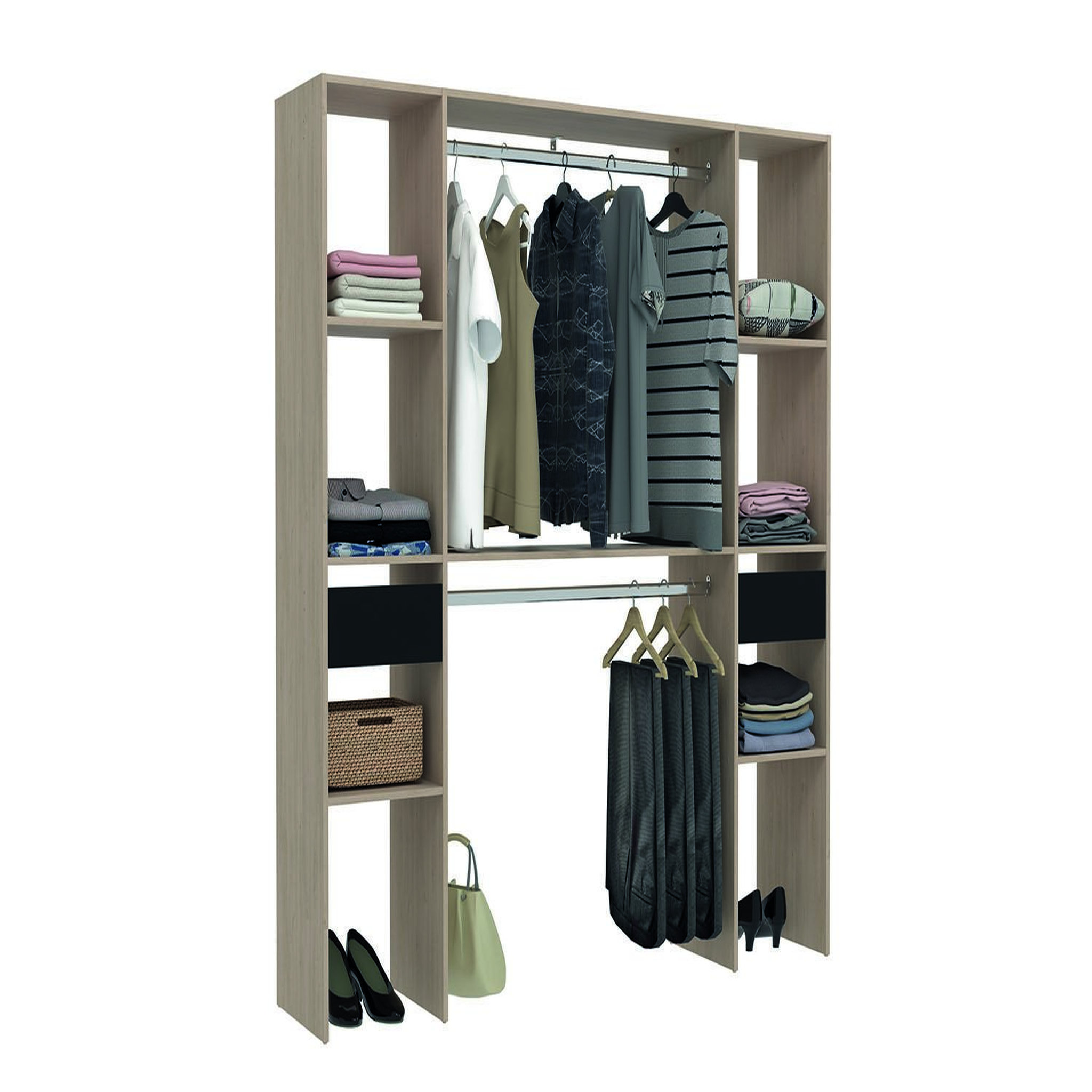 Voir la diapositive 2 : CONCEPT USINE Dressing bois avec 6 étagères 2 tiroirs et 2 penderies : 180 x 40 x 180 cm ELYSEE