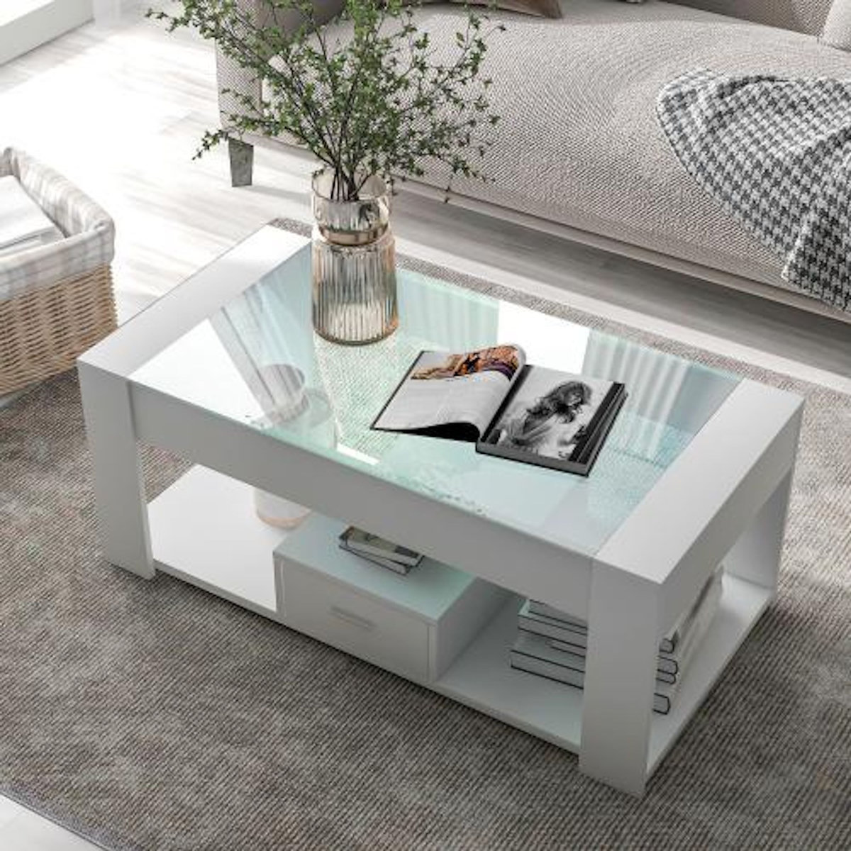 MERAX Table basse rectangulaire blanc avec 1 tiroir - 50x100 cm panneau de particules
