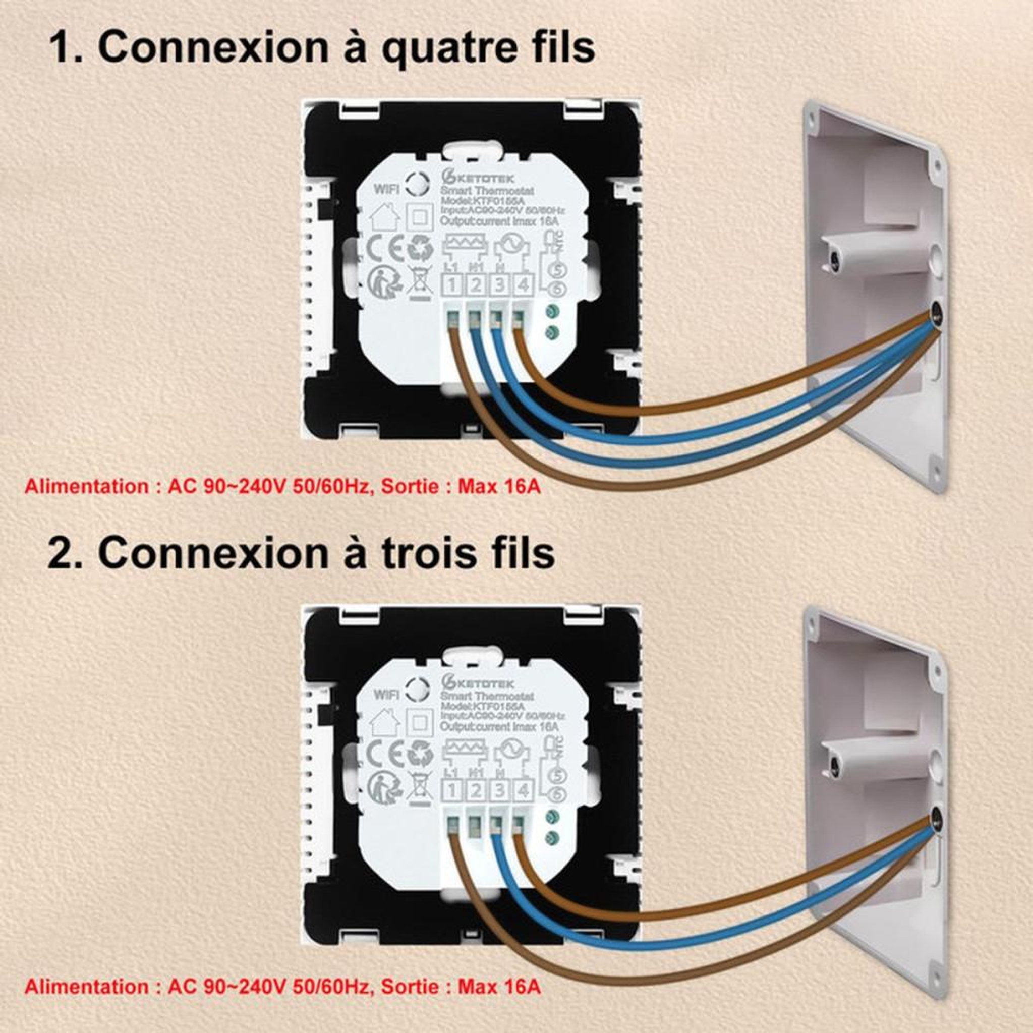 Voir la diapositive 4 : Thermostat Wi‑Fi 16 A pour chauffage au sol électrique, écran LCD, contrôle Tuya/Smart Life, commande vocale Alexa/Google, sonde NTC 2,5 m, blanc