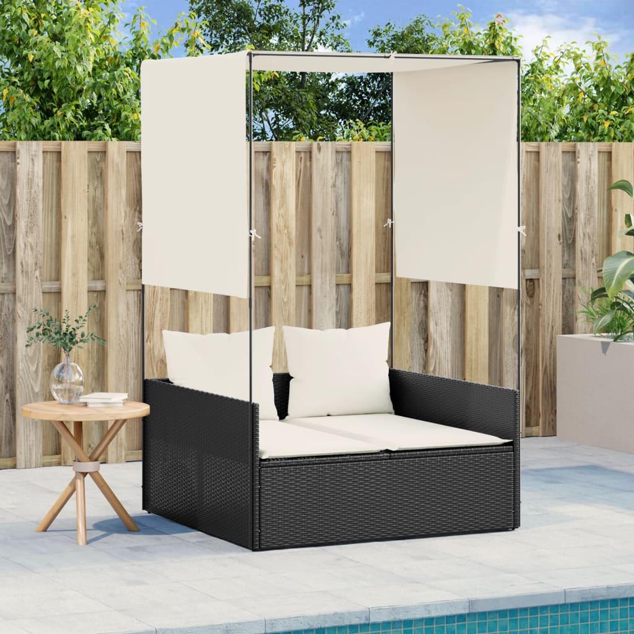 VIDAXL Chaise longue double avec toit et rideaux noir resine tressee